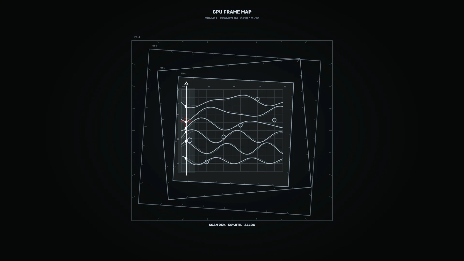 Dark waveform grid with layered technical frames — waveform wallpaper at 3840x2160