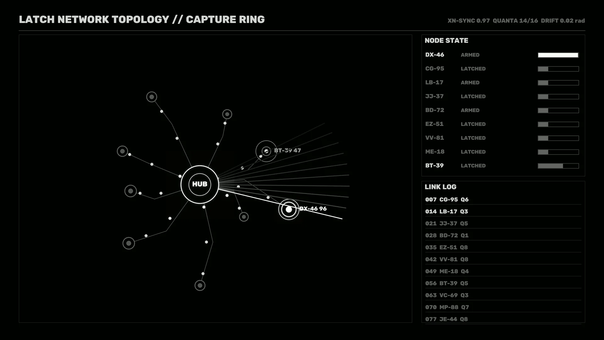 Monochrome Hub and Latch Network Diagram — network diagram wallpaper at 3840x2160