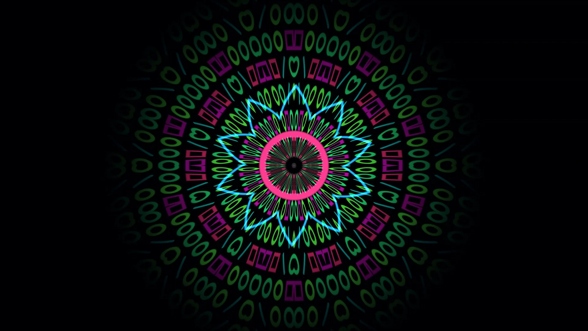 Neon radial mandala on a black field — neon mandala wallpaper at 3840x2160