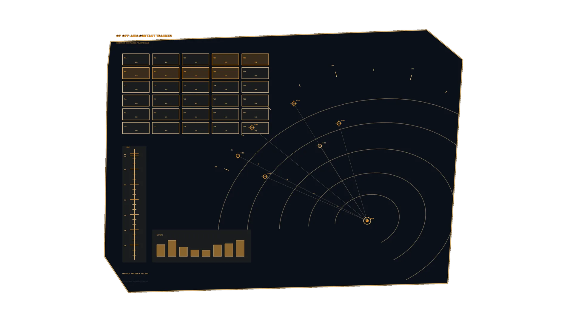 Orbital contact tracker in amber linework — orbital diagram wallpaper at 3840x2160