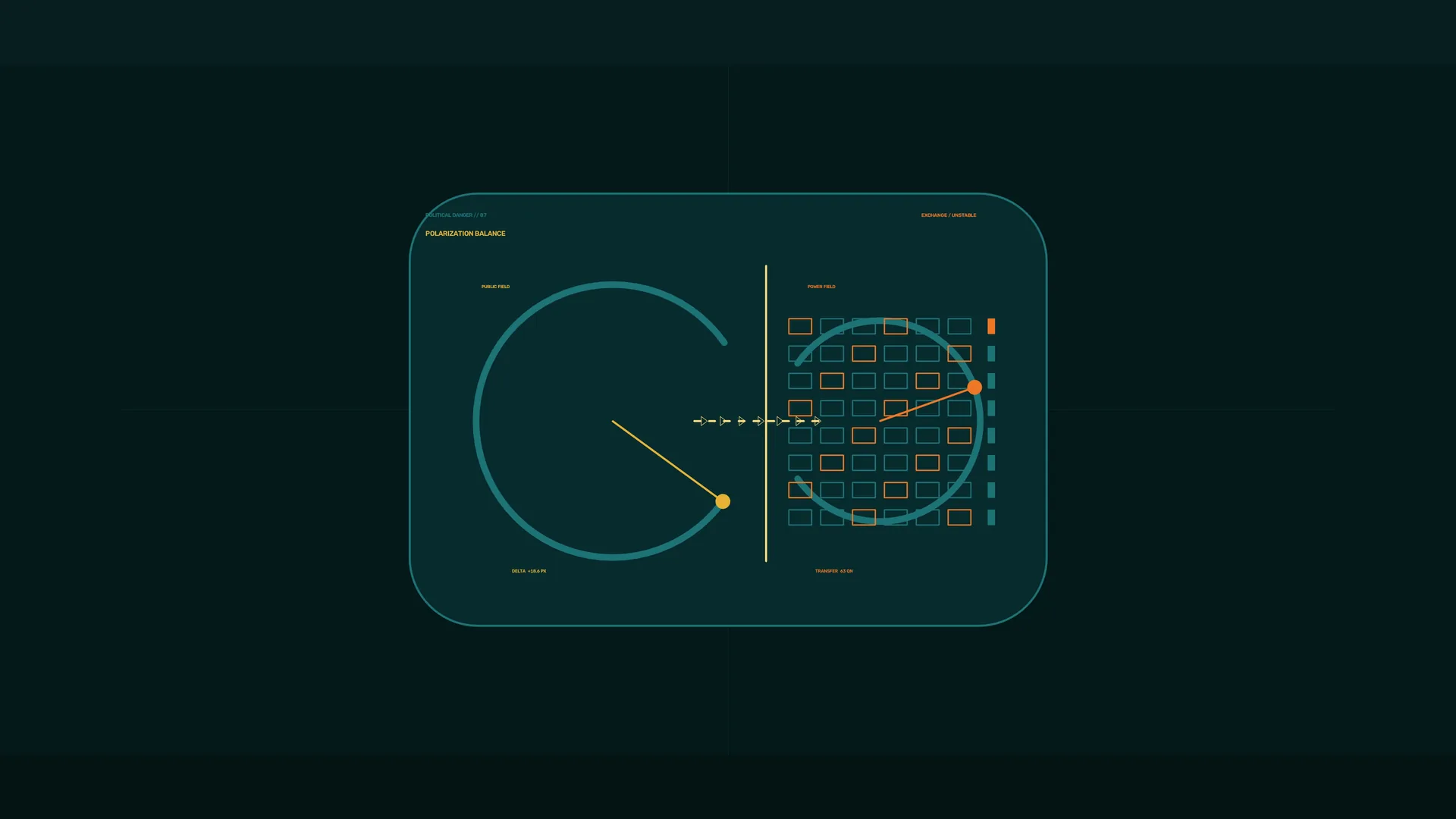 Polarization balance in teal and amber — schematic wallpaper at 3840x2160