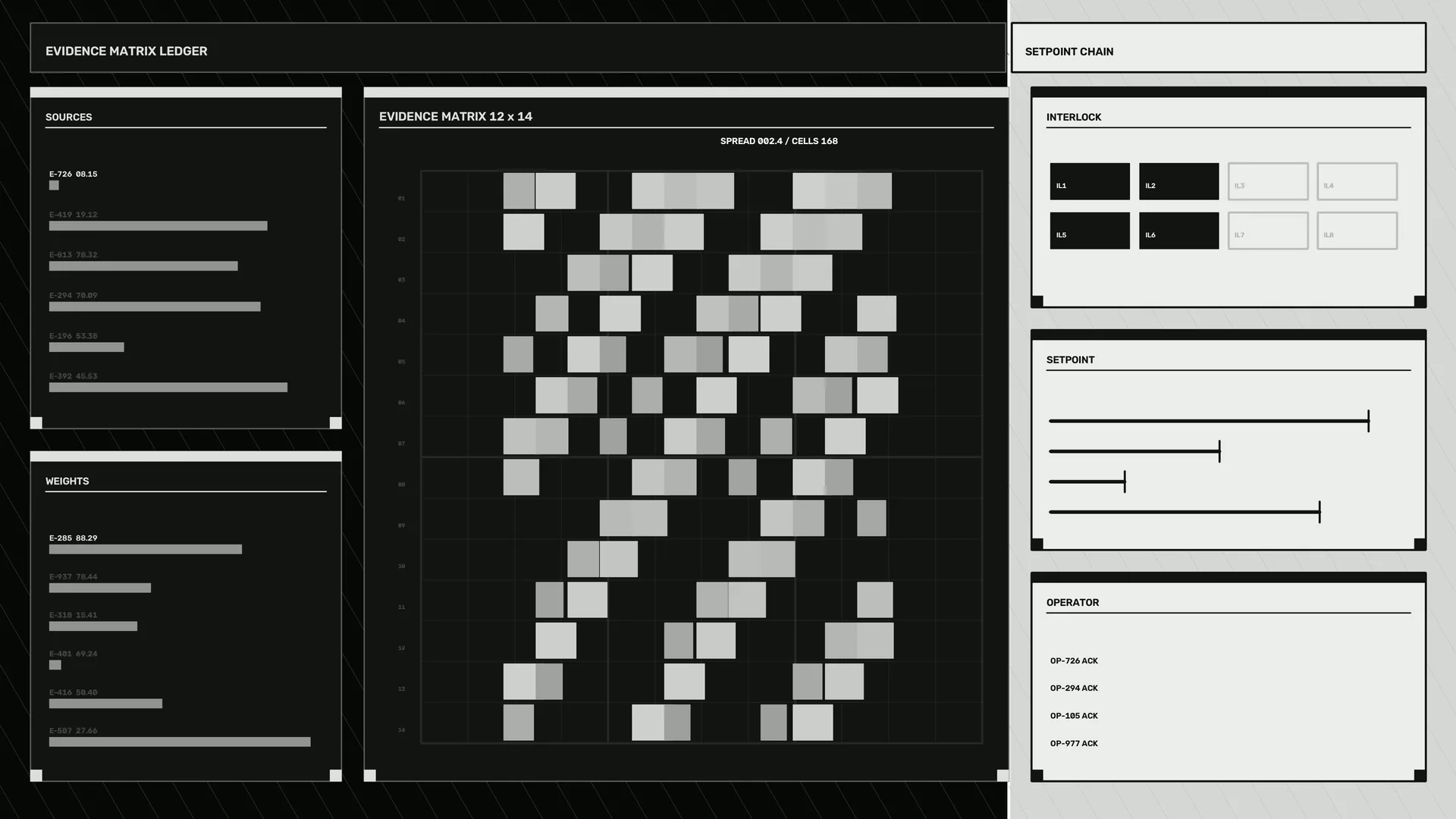 Evidence matrix with monochrome data panels — data interface wallpaper at 3840x2160