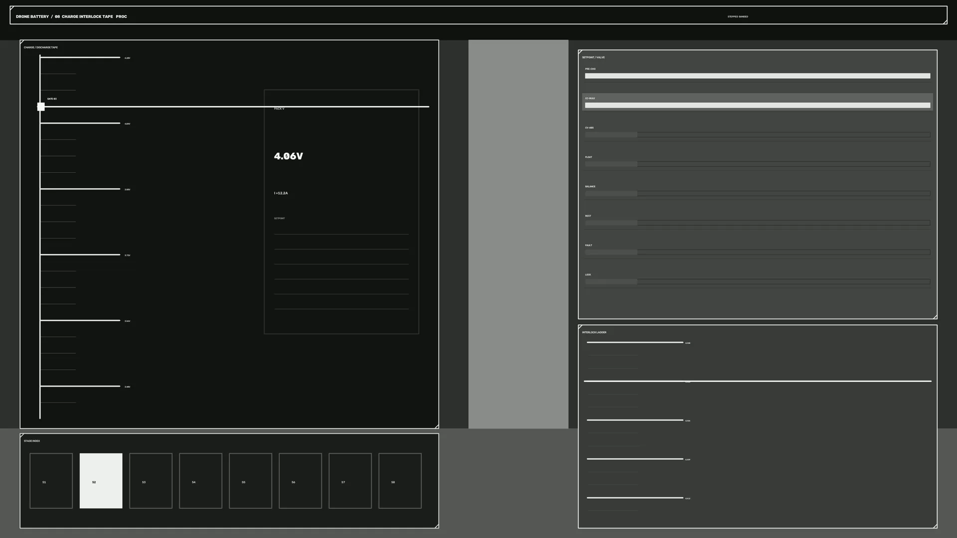 Drone battery interface in graphite and white — technical interface wallpaper at 3840x2160