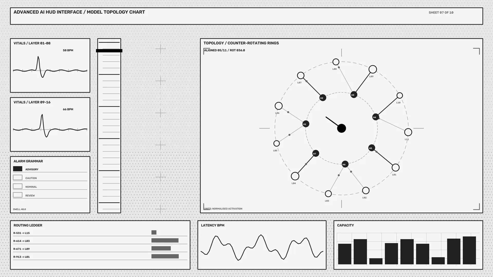 Monochrome AI topology chart with circular node map — topology chart wallpaper at 3840x2160