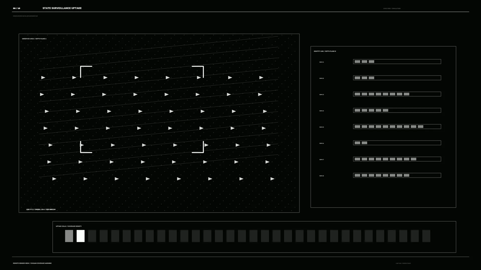 Monochrome surveillance grid with orbital markers — surveillance interface wallpaper at 3840x2160