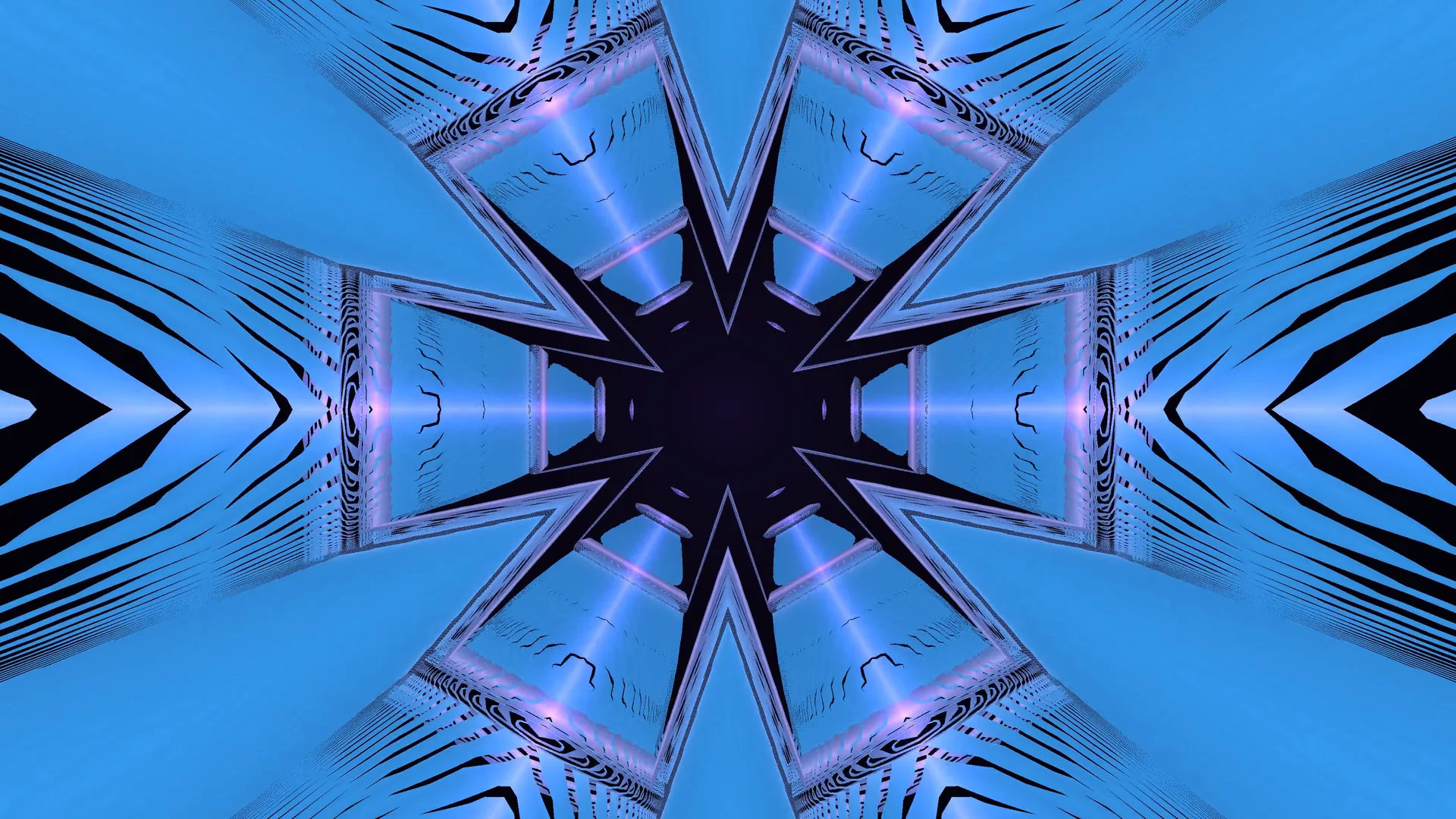 Blue mirrored geometry with a violet inner glow — symmetry wallpaper at 3840x2160