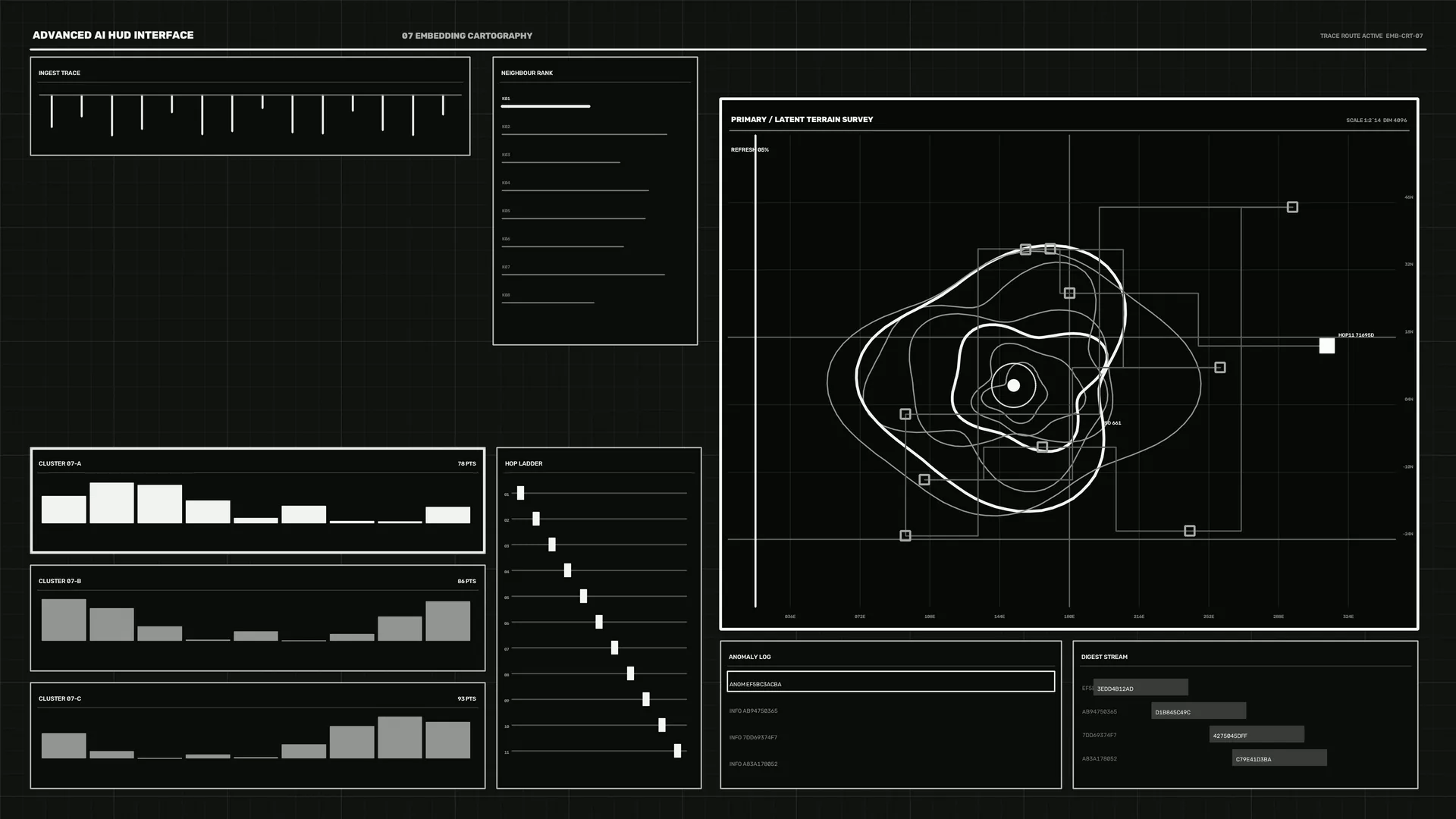 Monochrome Interface with Latent Terrain Survey — interface wallpaper at 3840x2160