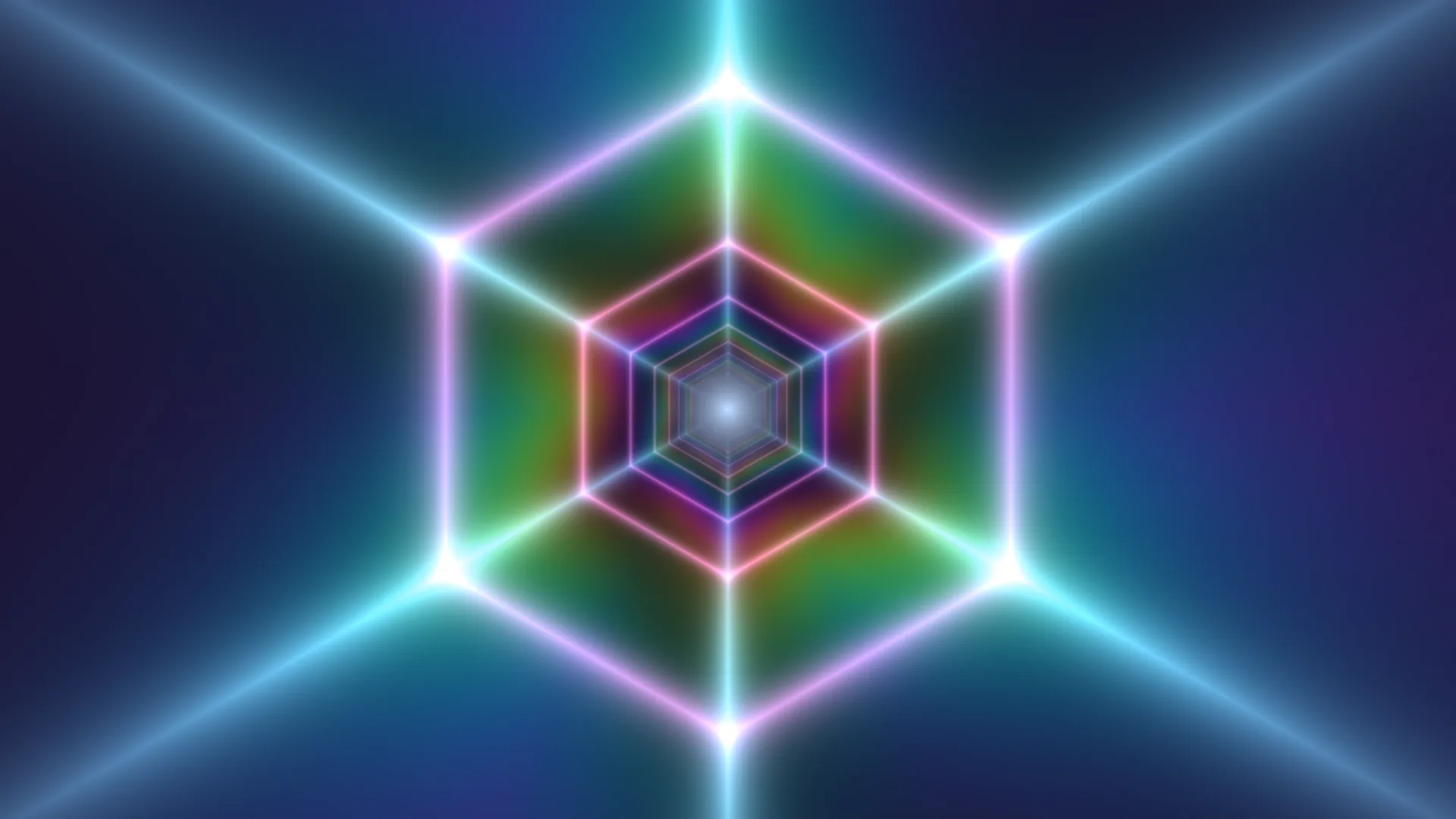 Neon hexagonal geometry in deep blue space — neon geometry wallpaper at 3840x2160