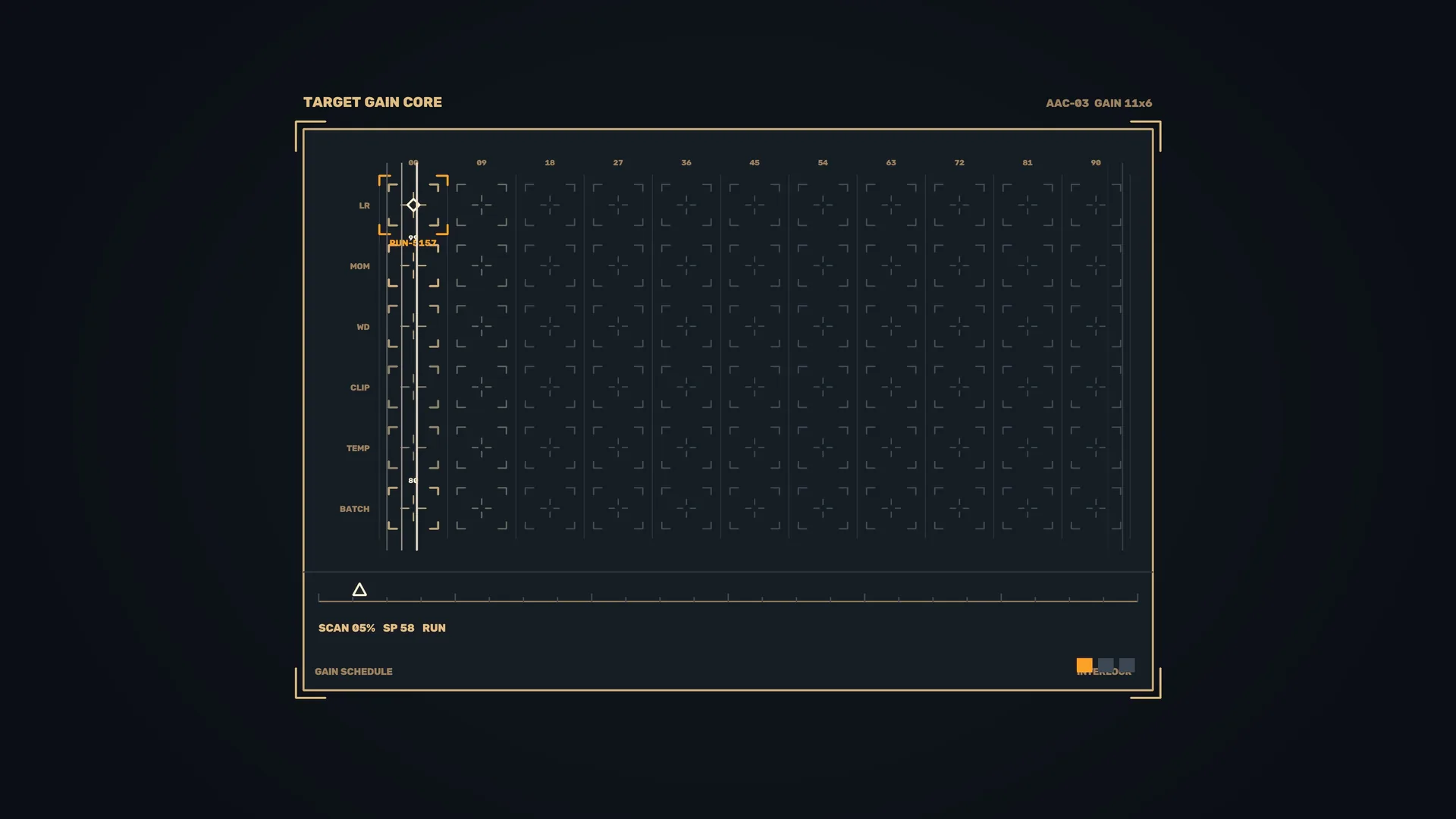 Dark gain schedule with amber calibration marks — technical panel wallpaper at 3840x2160
