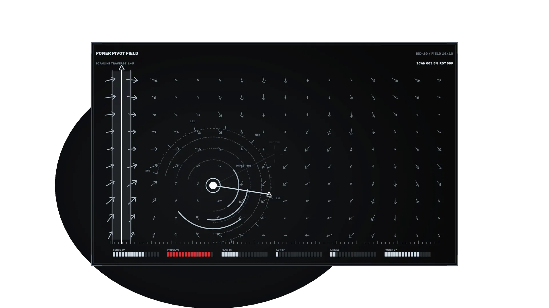 Dark vector field with orbital measurement rings — technical diagram wallpaper at 3840x2160