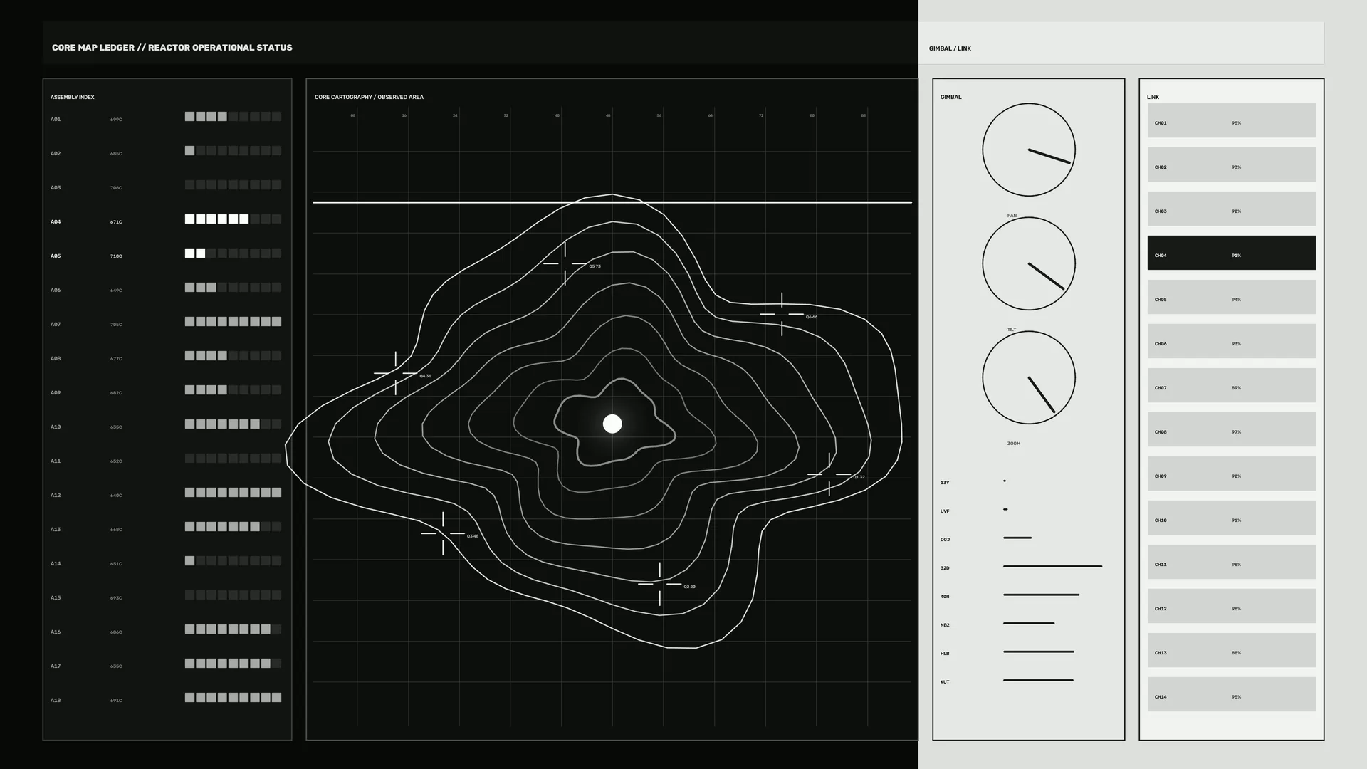 Monochrome contour map with reactor status panels — contour map wallpaper at 3840x2160