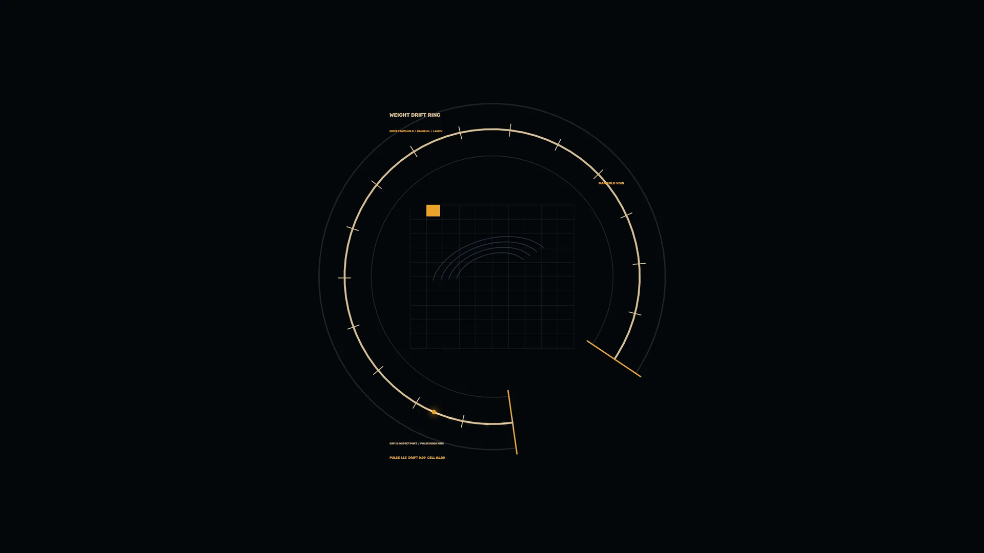 Weight drift ring in amber and midnight blue — orbital ring wallpaper at 3840x2160