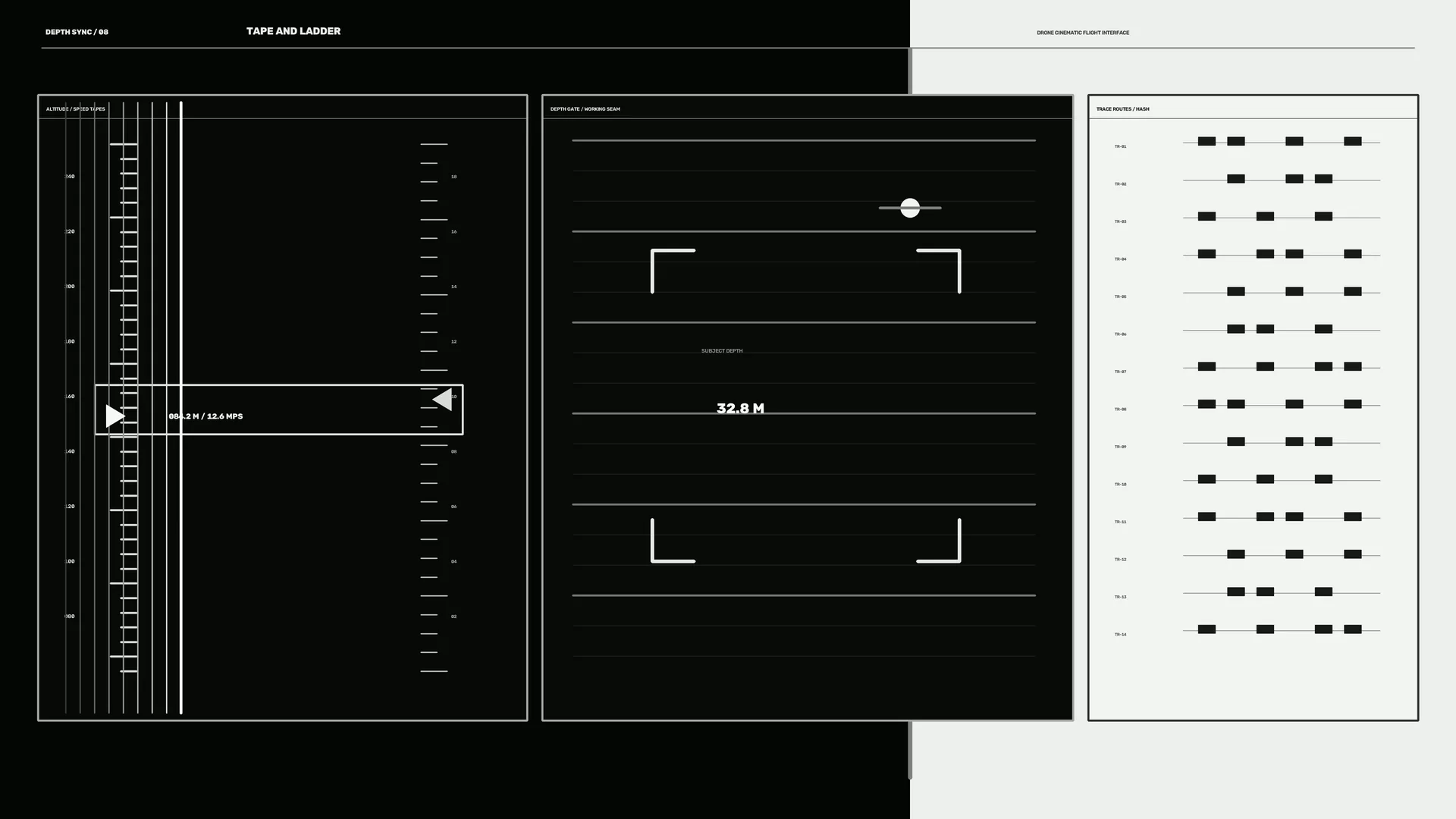Monochrome depth chart with geometric interface panels — monochrome wallpaper at 3840x2160