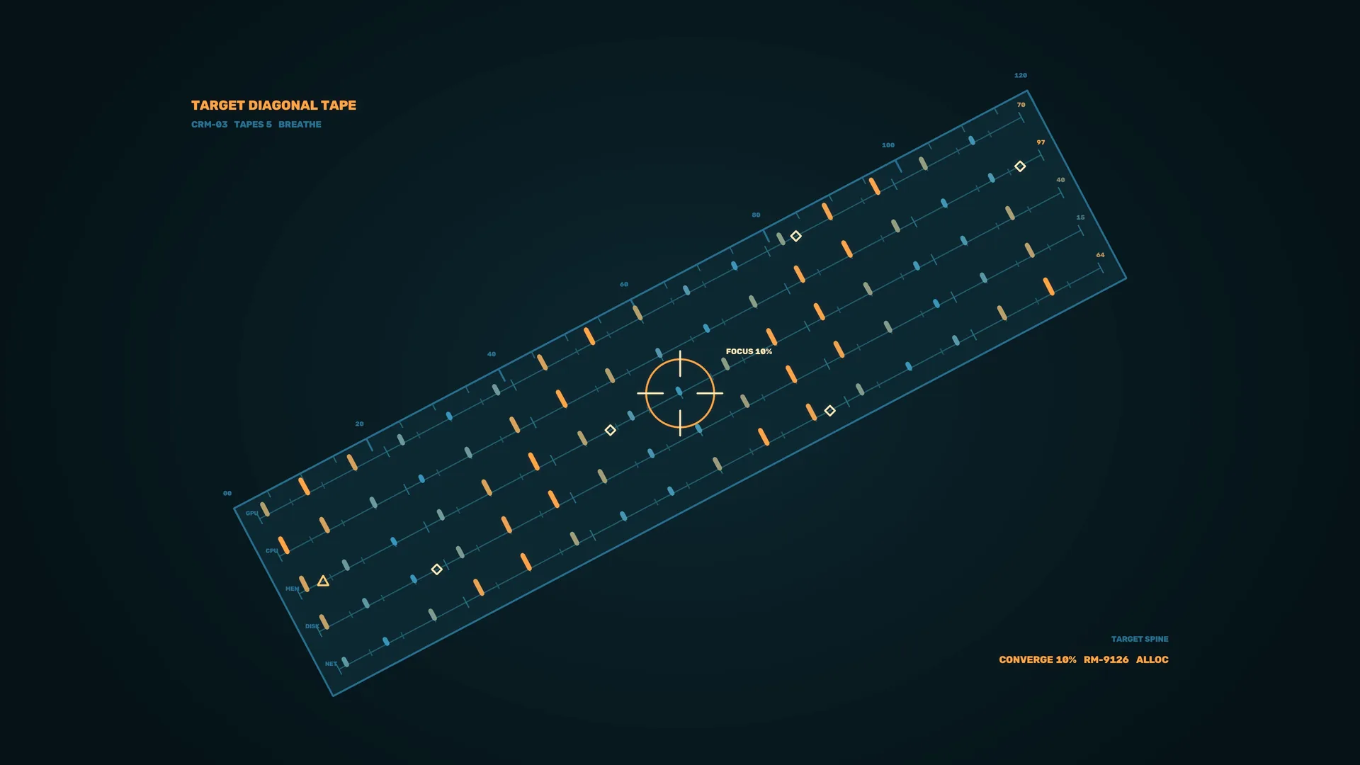 Diagonal telemetry grid with focus reticle — telemetry grid wallpaper at 3840x2160