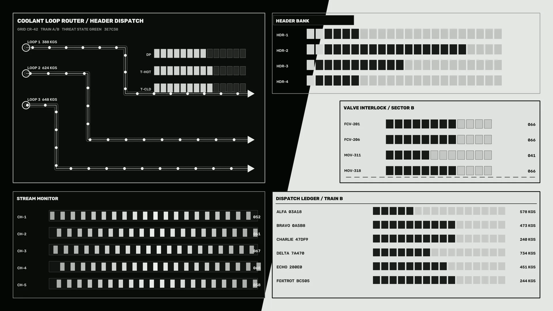Monochrome industrial control system diagram — industrial dashboard wallpaper at 3840x2160