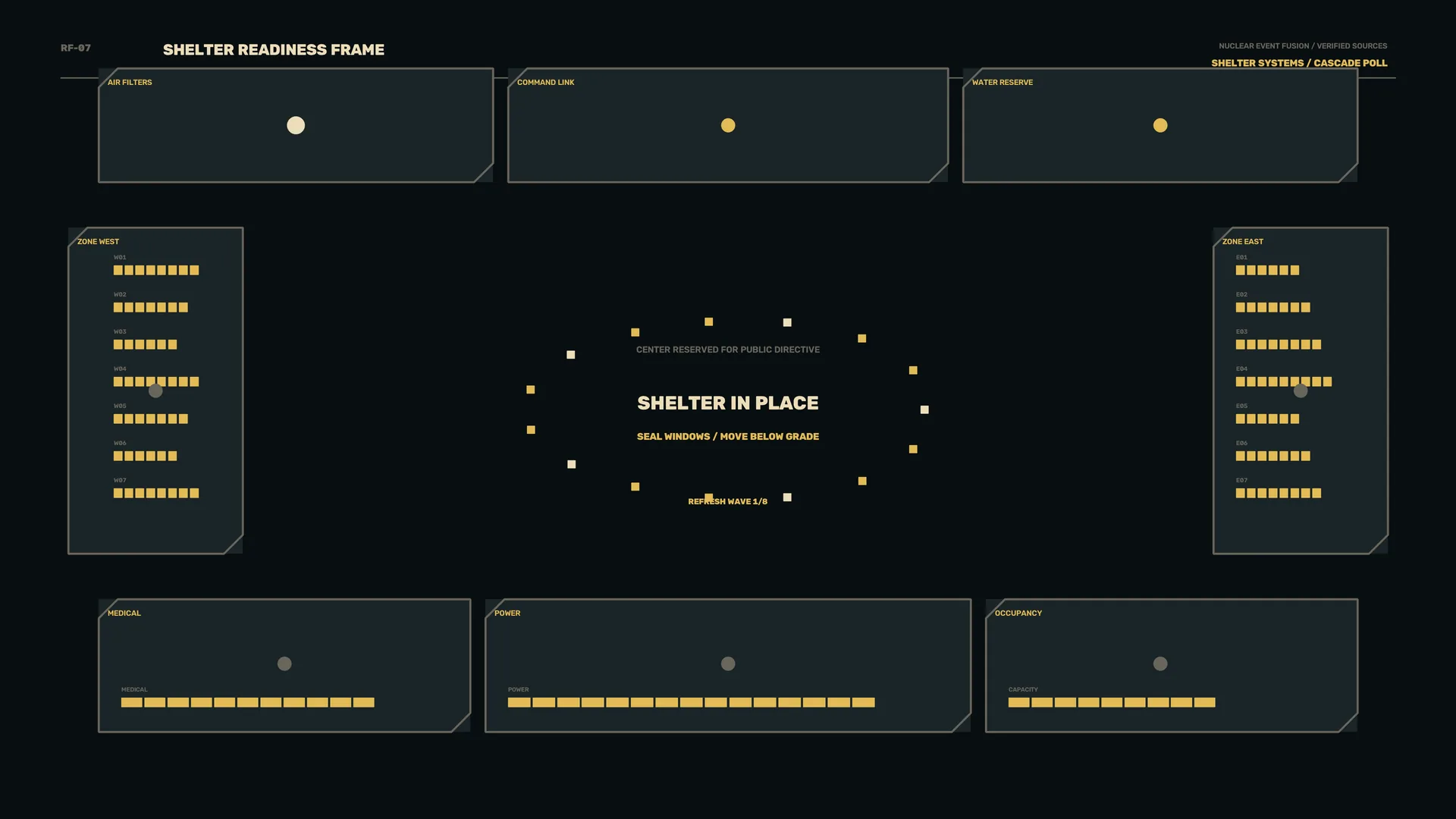 Shelter readiness interface in amber and charcoal — shelter interface wallpaper at 3840x2160