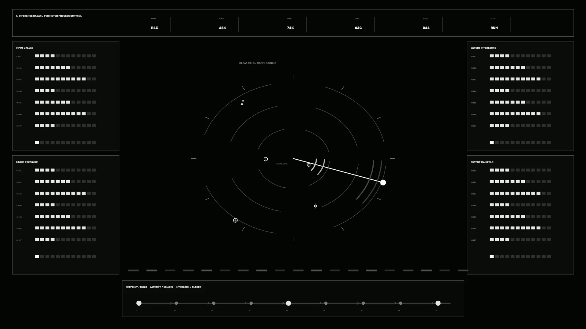 Monochrome radar control interface with signal arcs — radar interface wallpaper at 3840x2160