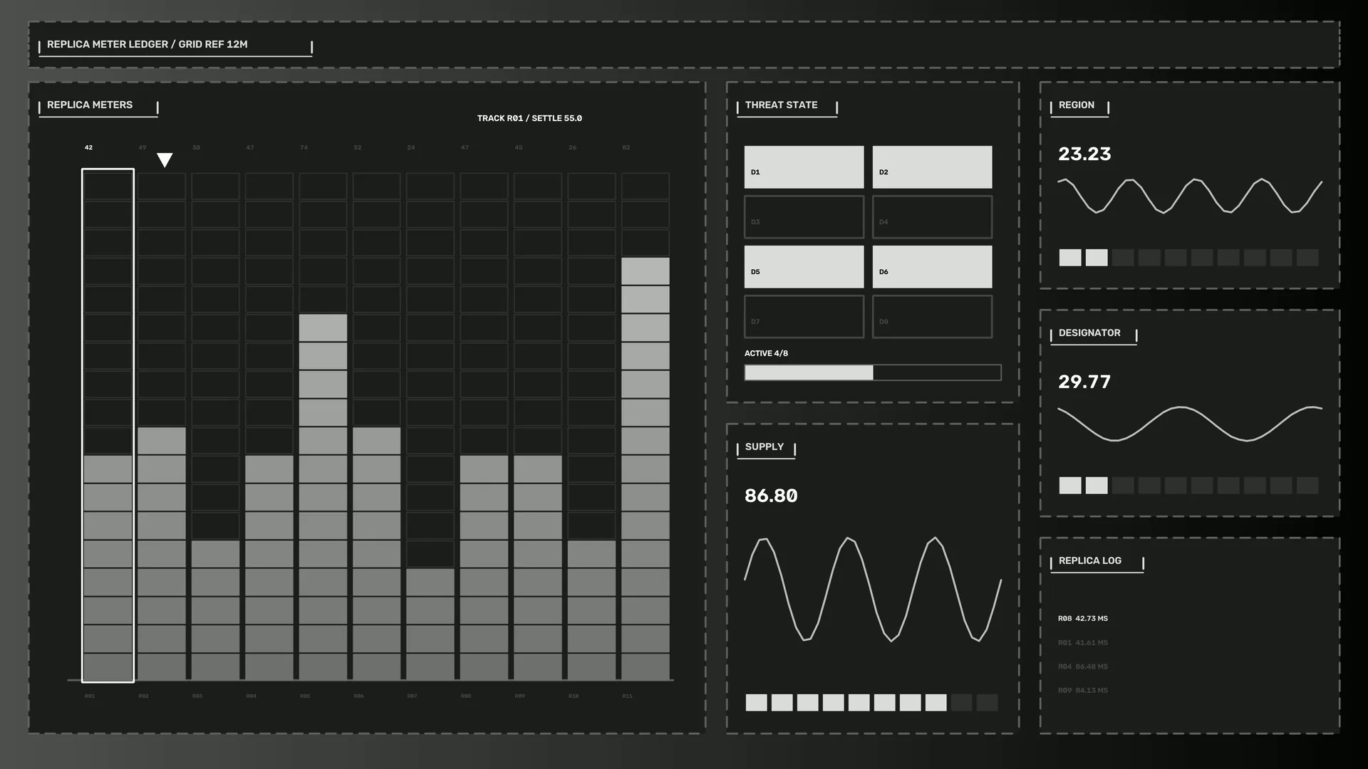 Monochrome Grid Dashboard with Signal Graphs — dashboard wallpaper at 3840x2160