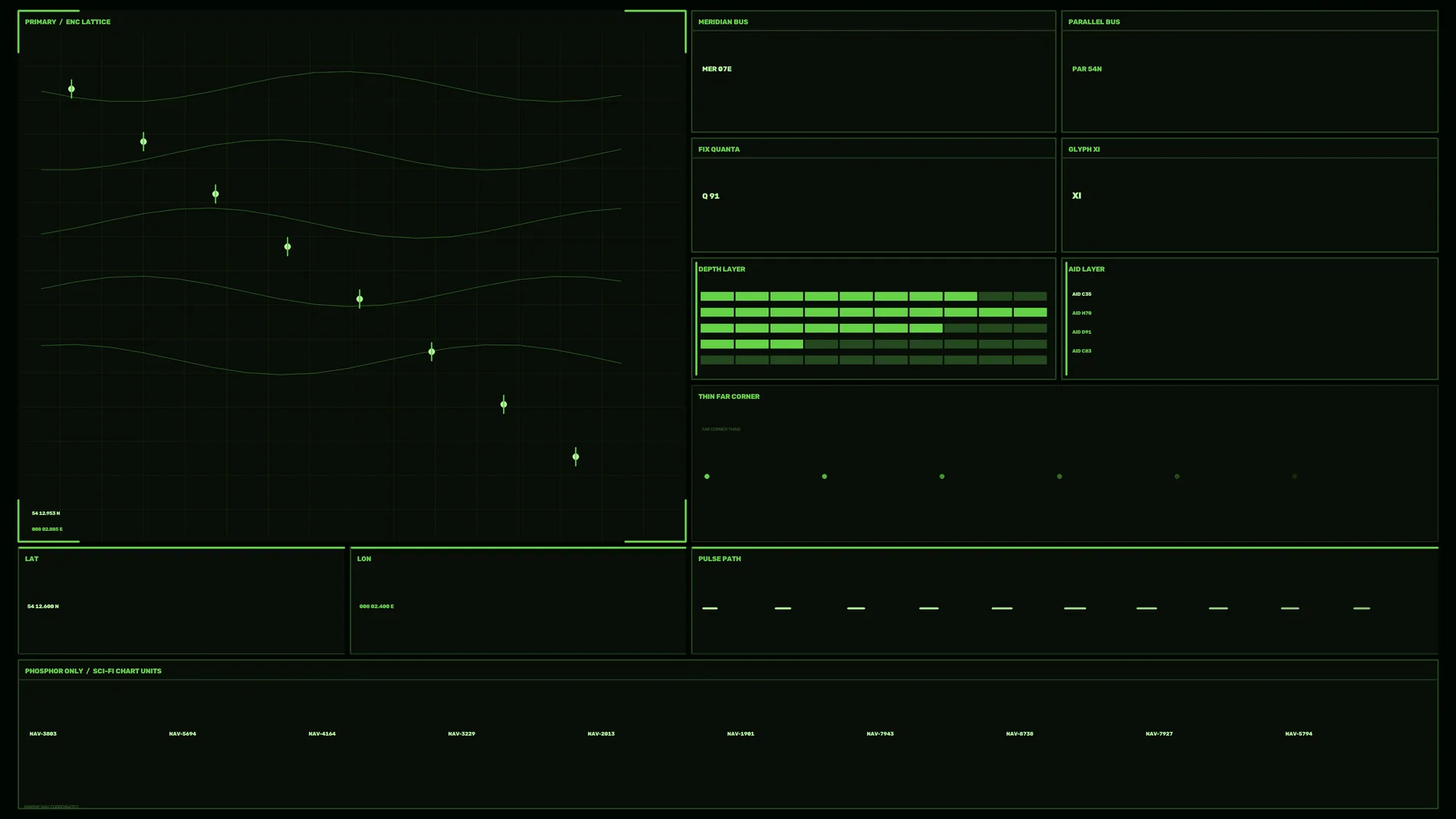 Luminous green navigation grid on black — navigation interface wallpaper at 3840x2160