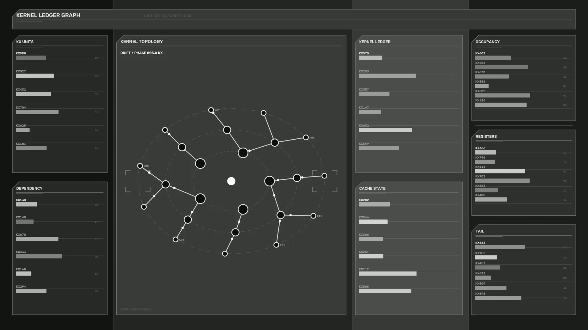 Monochrome orbital topology interface — orbital diagram wallpaper at 3840x2160