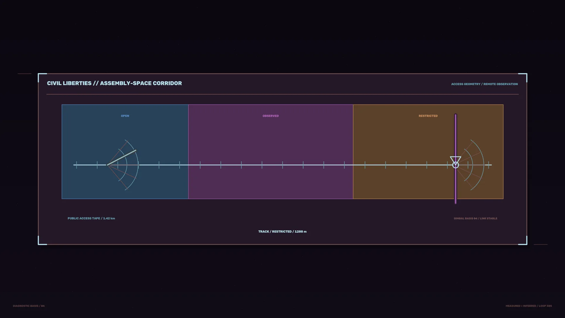 Assembly-space corridor in measured geometry — geometric diagram wallpaper at 3840x2160