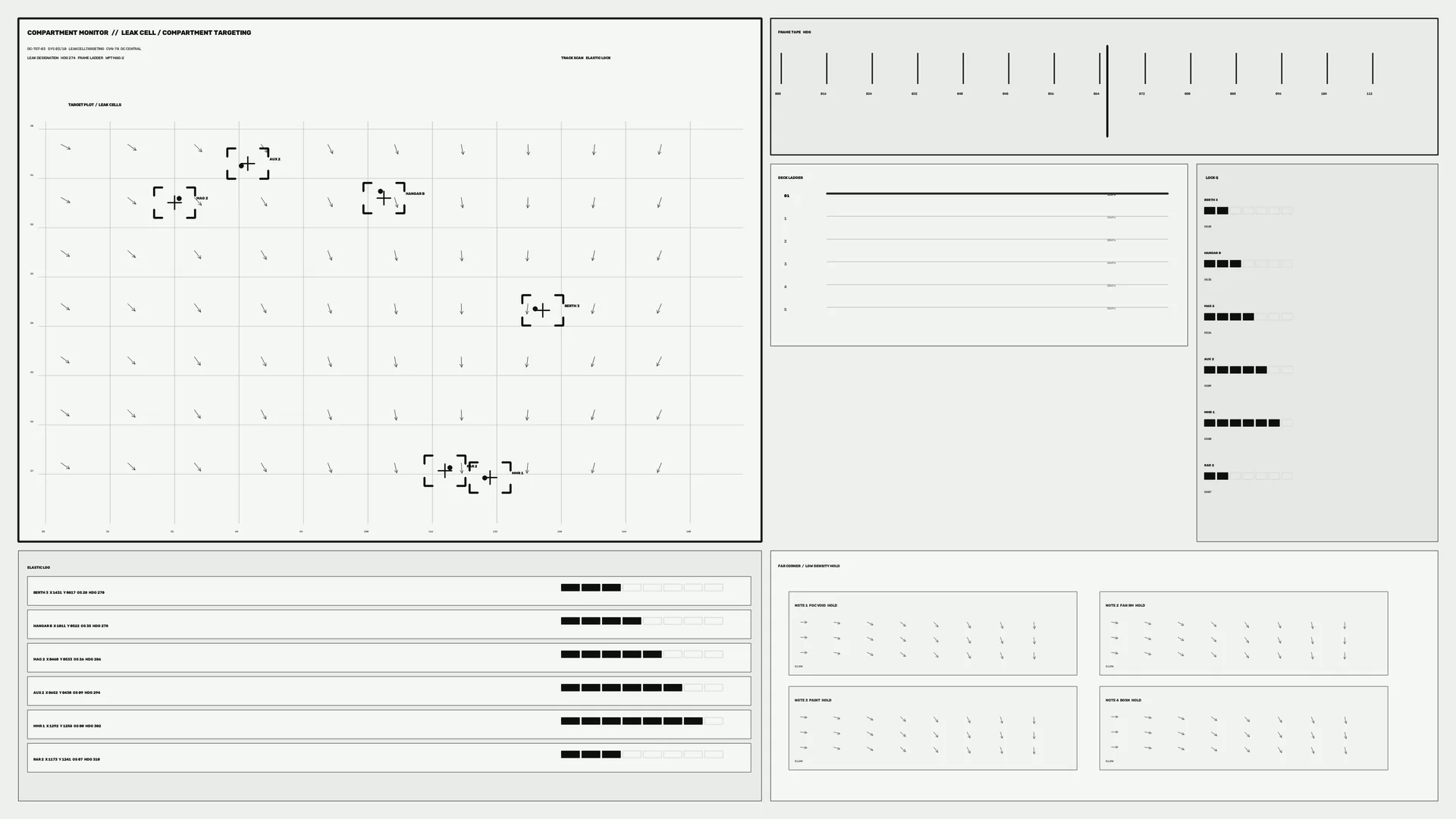 Monochrome targeting grid with measured marks — technical diagram wallpaper at 3840x2160