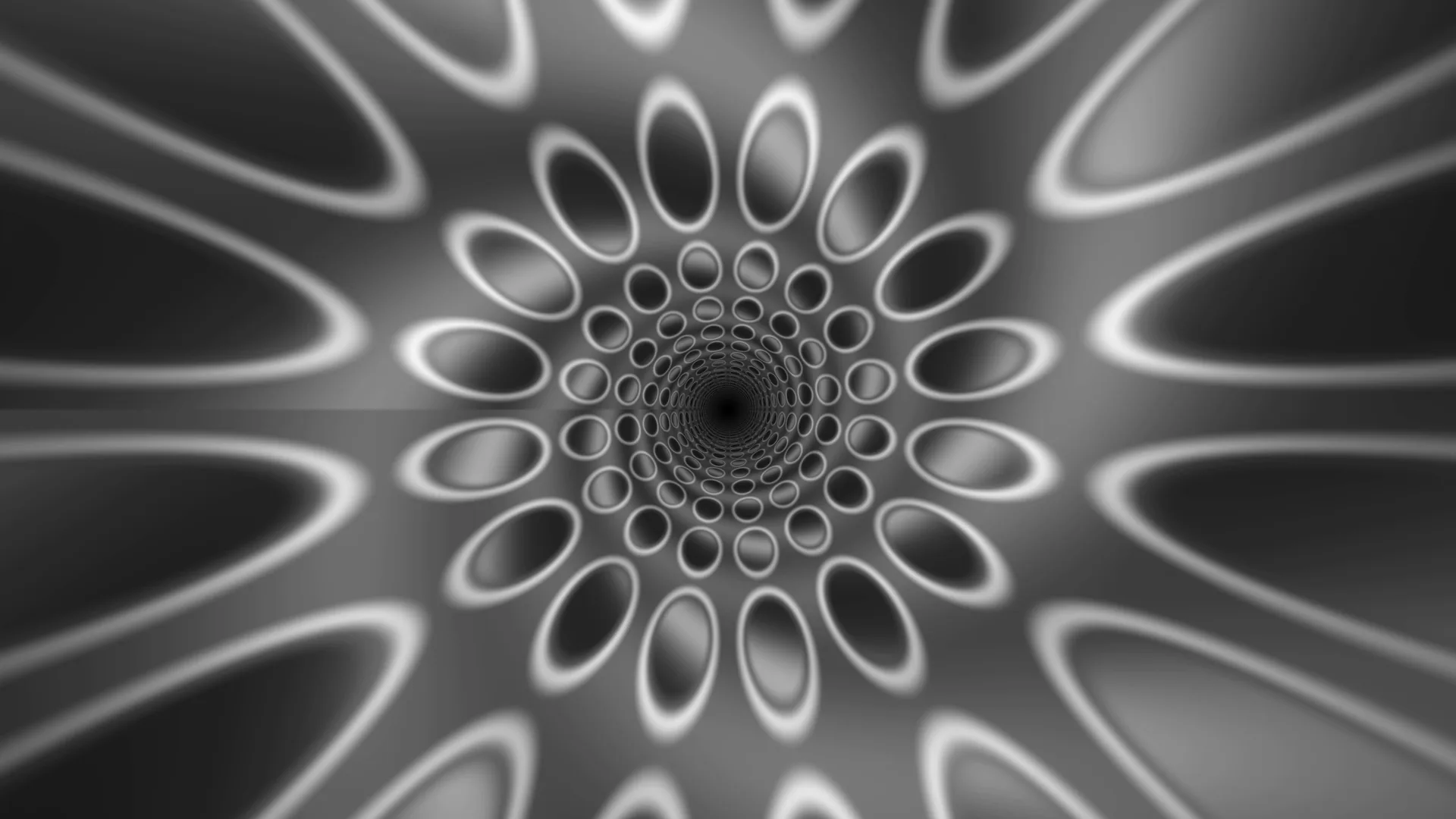 Monochrome vortex of concentric luminous rings — spiral wallpaper at 3840x2160