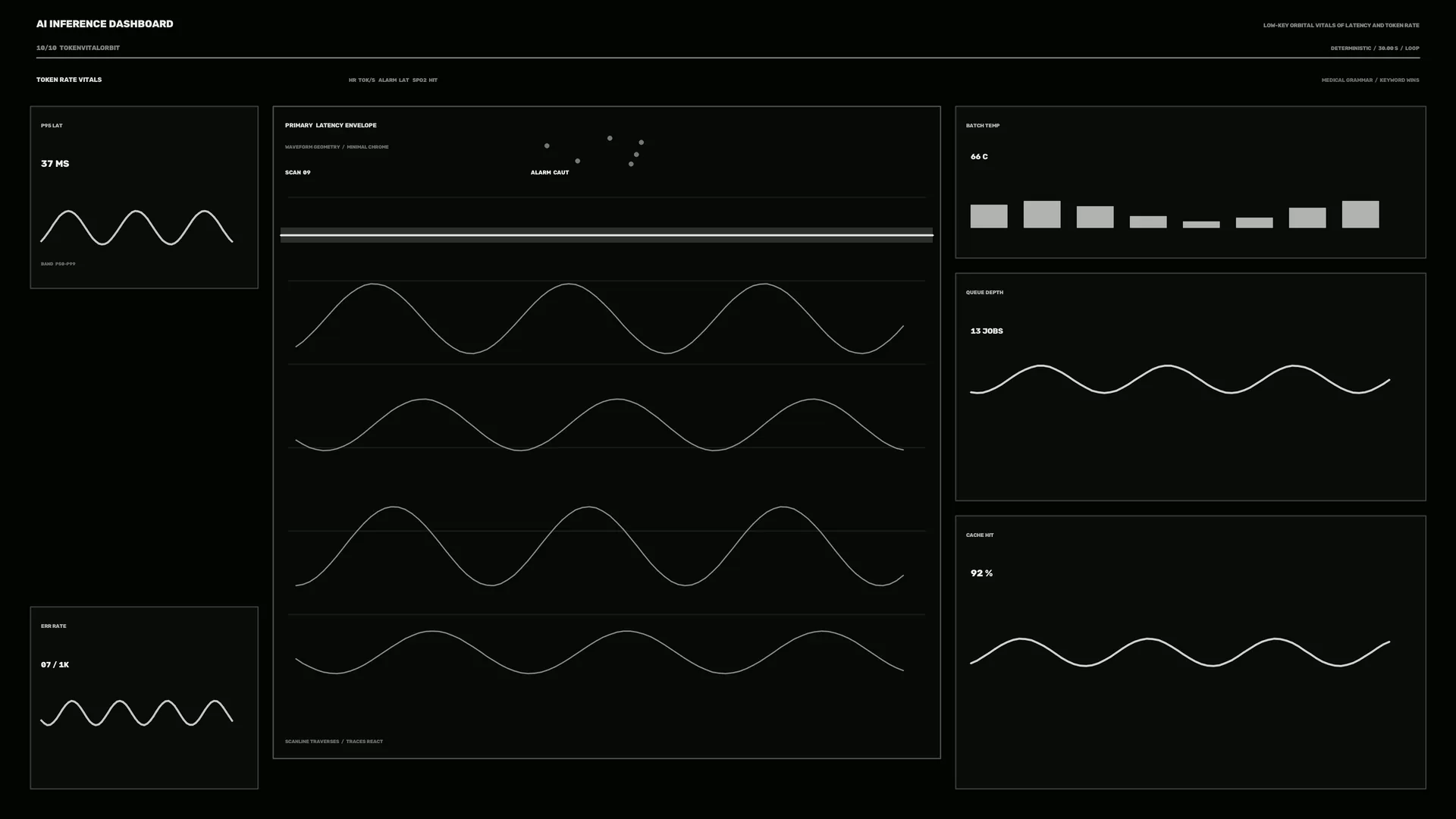 Monochrome latency dashboard with waveform grids — dashboard wallpaper at 3840x2160