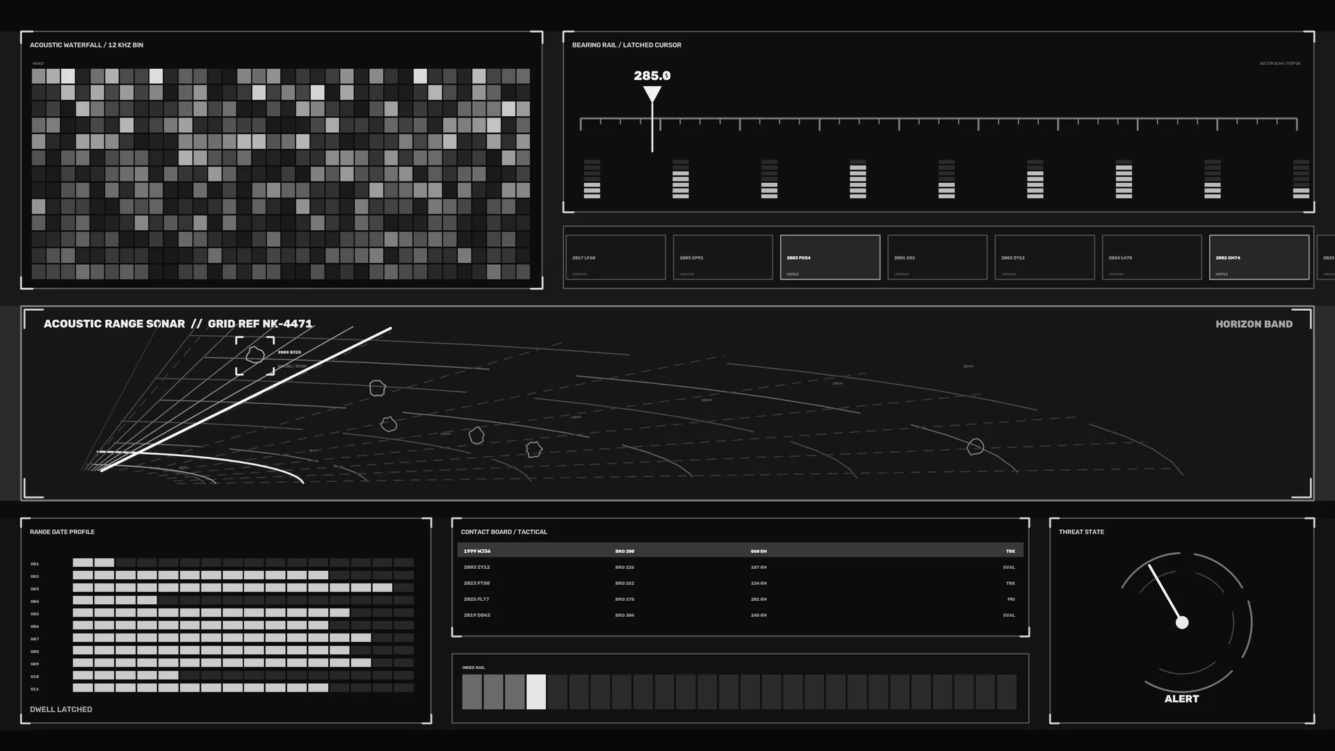 Monochrome sonar interface with geometric panels — sonar interface wallpaper at 3840x2160