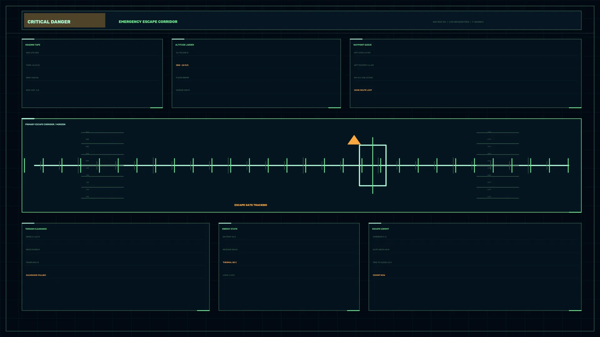 Escape corridor telemetry in neon gridwork — telemetry interface wallpaper at 3840x2160