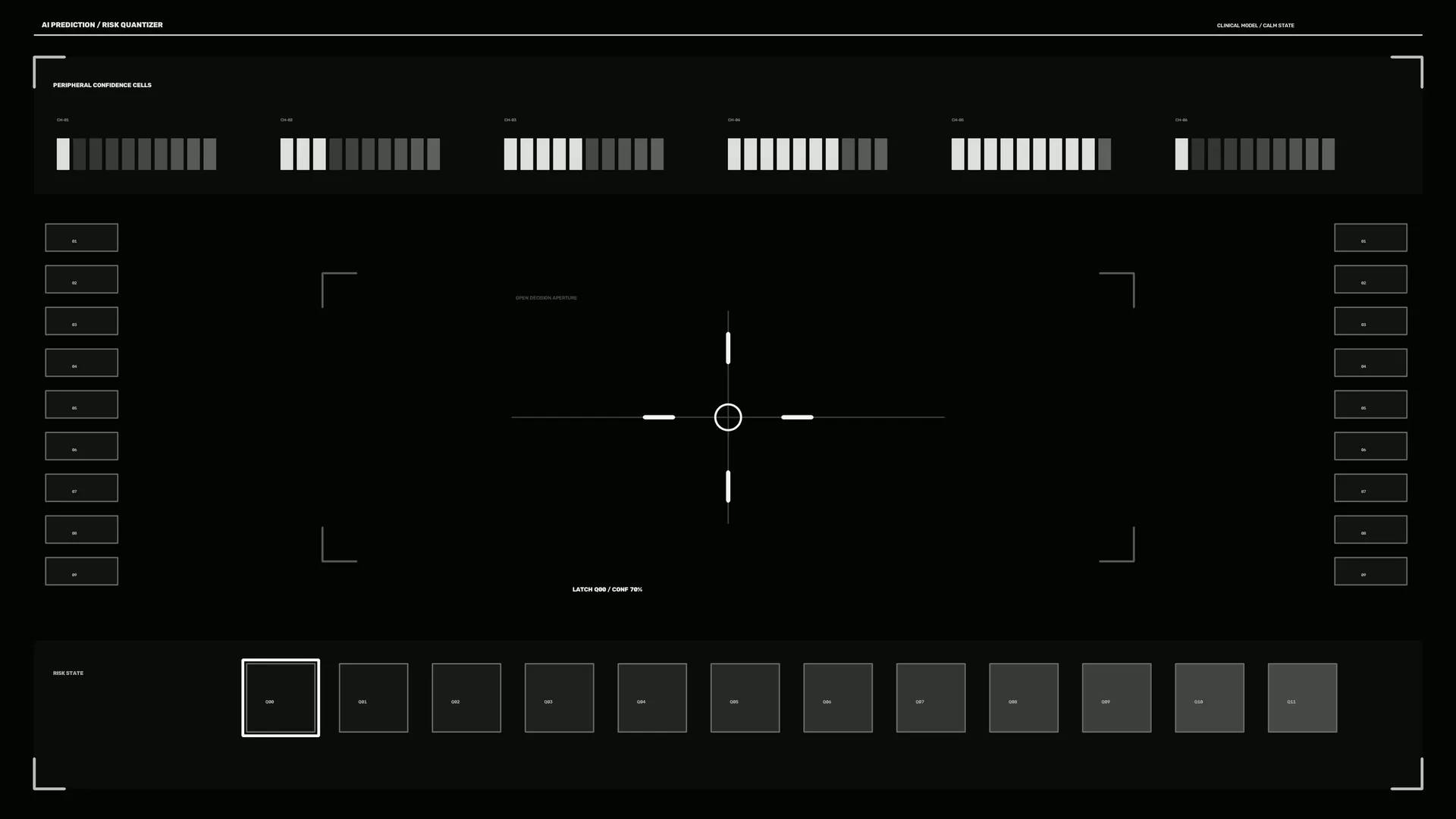 Monochrome risk interface with central reticle — interface wallpaper at 3840x2160