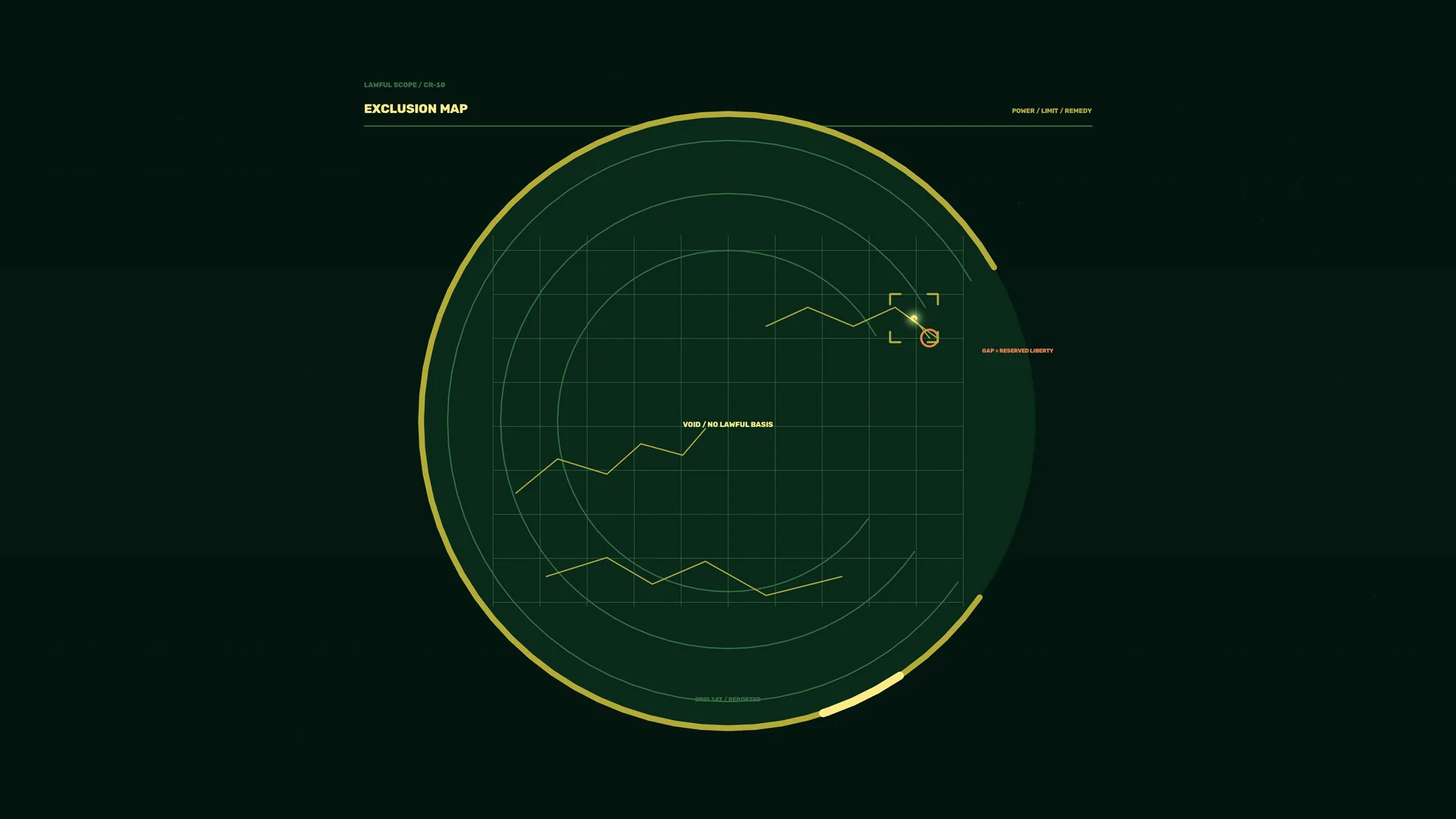 Dark green exclusion map with circular grid — exclusion map wallpaper at 3840x2160