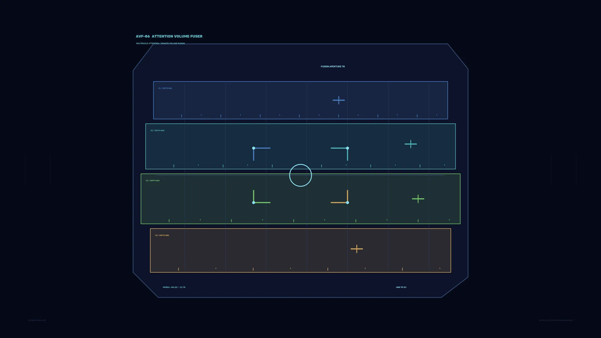 Layered depth grid in blue, green and amber — geometric grid wallpaper at 3840x2160