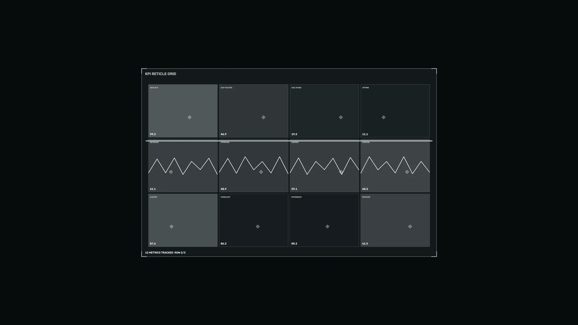 KPI reticle grid in charcoal and slate — dashboard wallpaper at 3840x2160