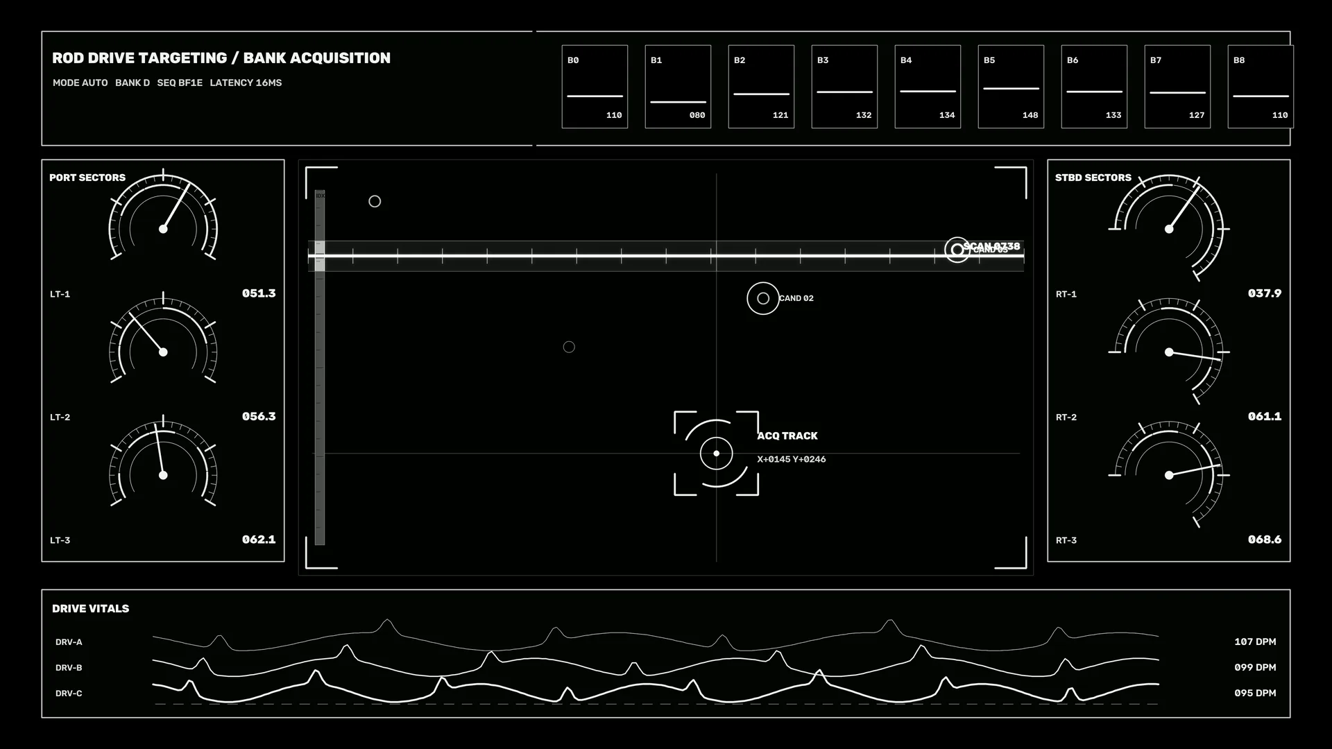Monochrome acquisition console with tracking grid — technical interface wallpaper at 3840x2160