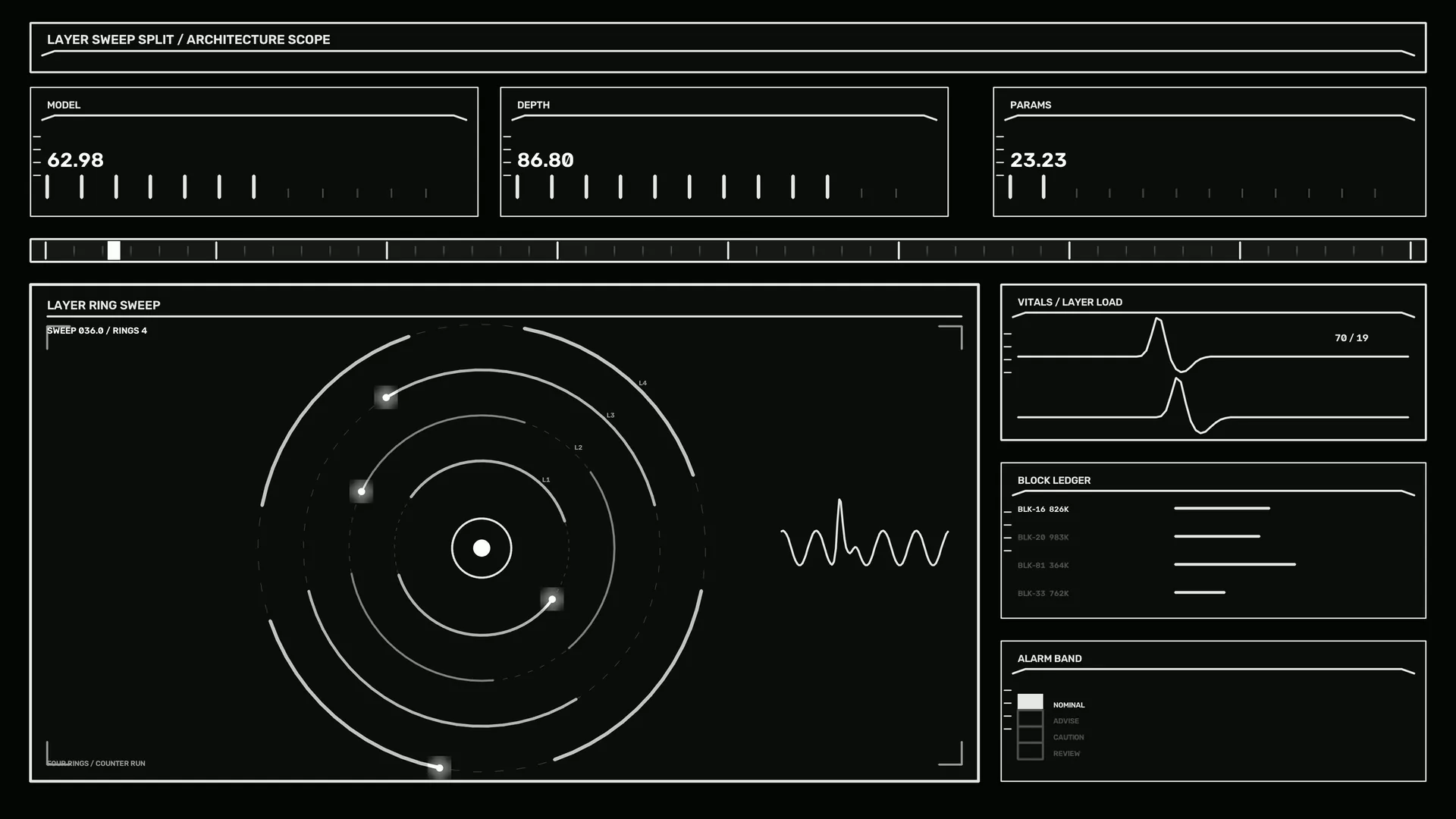Monochrome orbital interface with circular sweeps — orbital interface wallpaper at 3840x2160