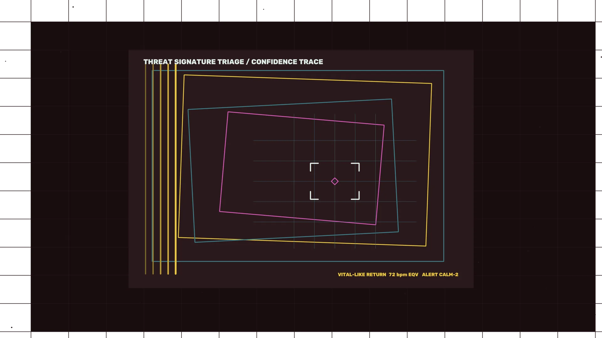 Neon threat-triage geometry on a dark grid — geometric interface wallpaper at 3840x2160