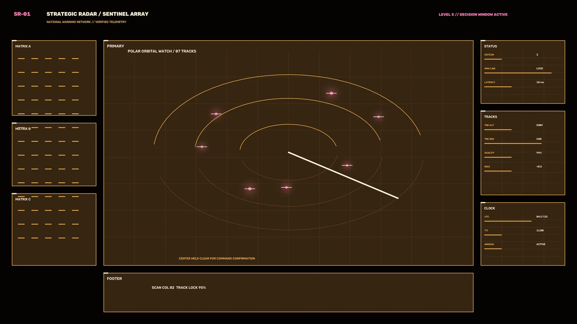 Orbital radar interface with luminous tracking arcs — orbital radar wallpaper at 3840x2160