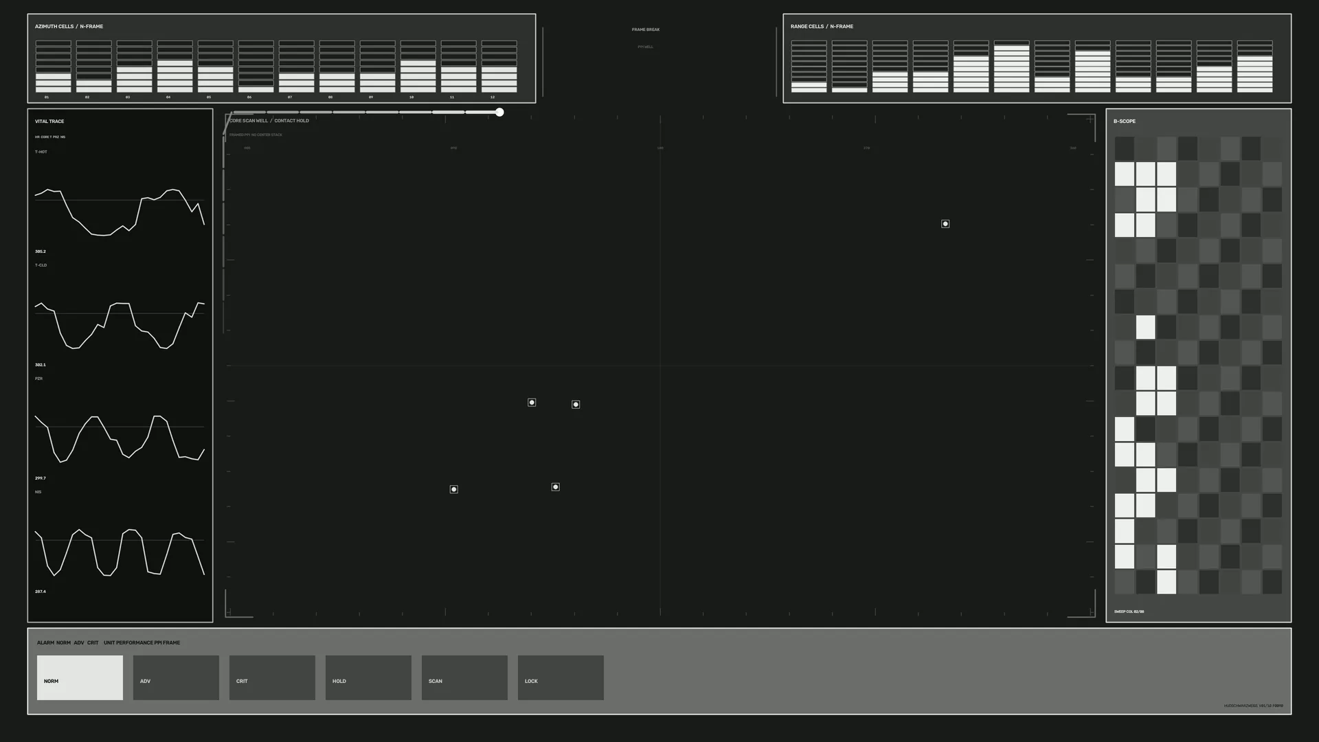 Monochrome instrument panel with waveform grids — control panel wallpaper at 3840x2160