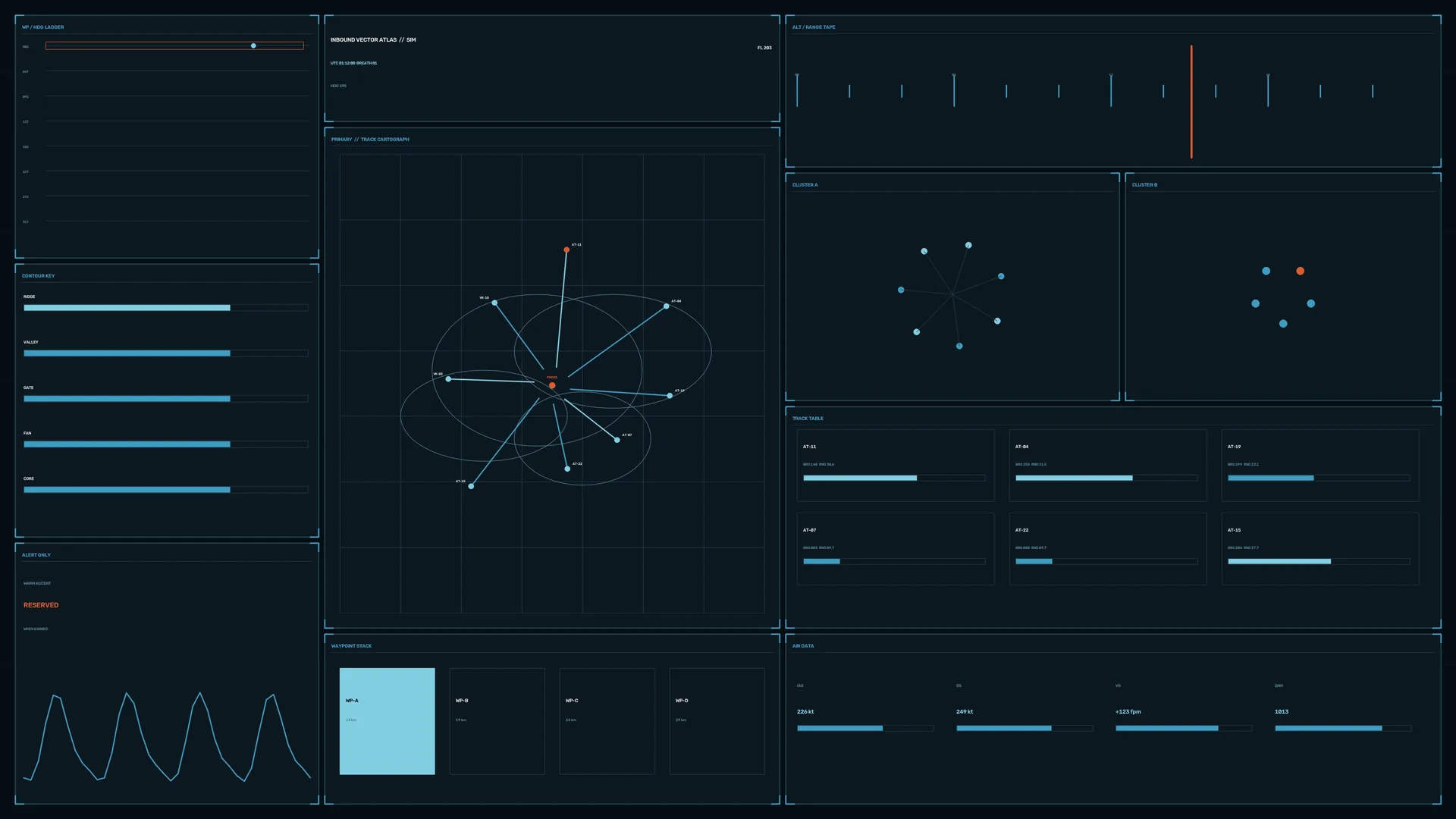 Orbital Cartography in a Dark Interface Grid — orbital map wallpaper at 3840x2160