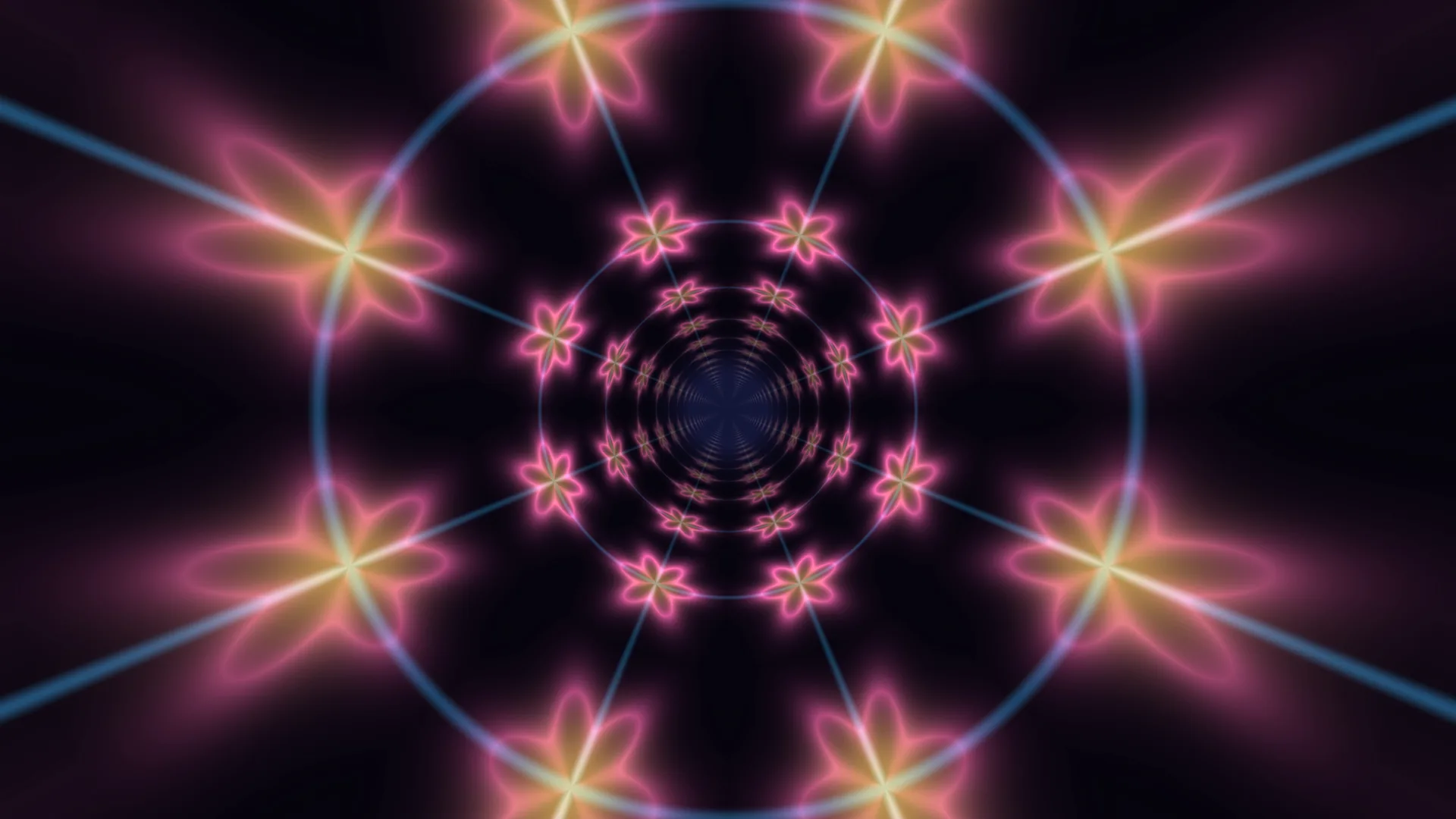 Neon flowers in a receding radial pattern — neon flowers wallpaper at 3840x2160
