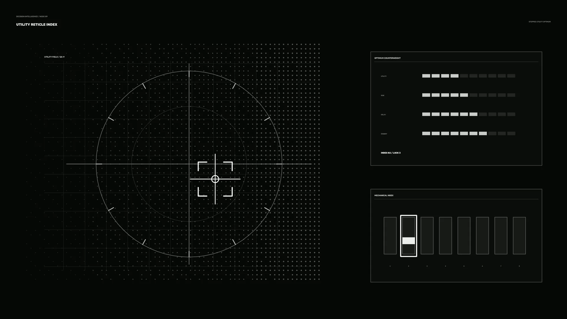 Monochrome reticle grid with technical index panels — reticle wallpaper at 3840x2160