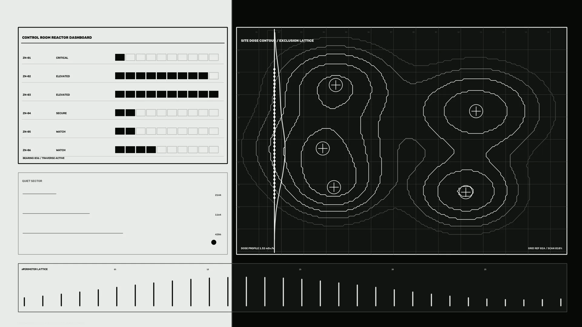 Monochrome reactor dashboard and contour lattice — reactor dashboard wallpaper at 3840x2160