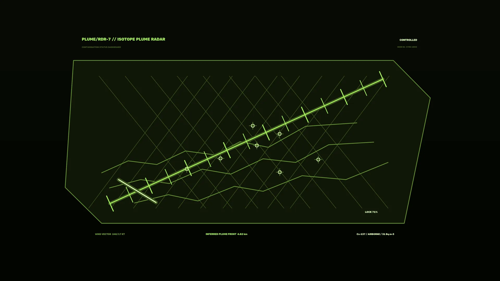 Luminous radar grid with diagonal plume vector — radar interface wallpaper at 3840x2160
