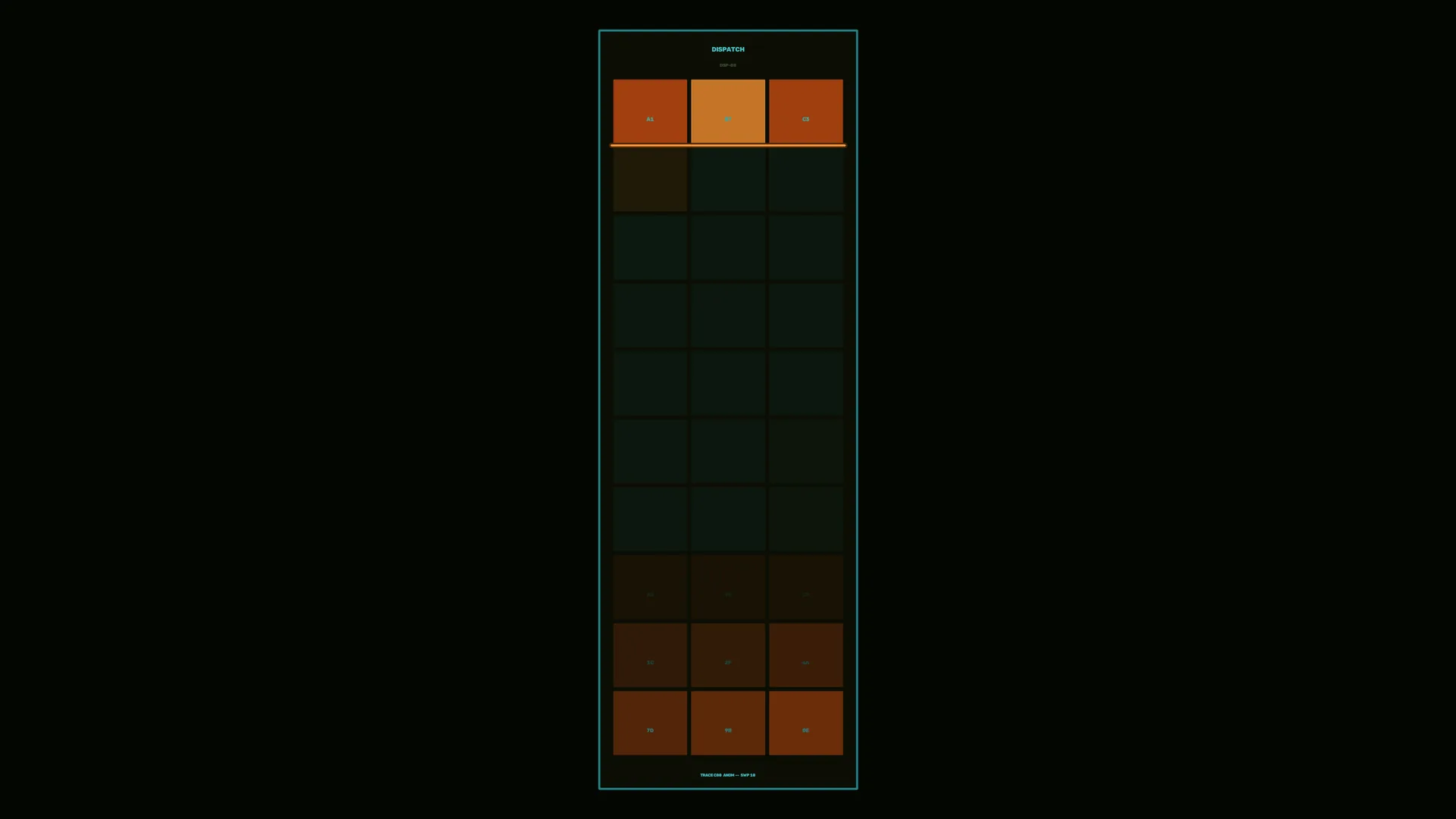 Dispatch grid in teal, amber and deep shadow — geometric grid wallpaper at 3840x2160