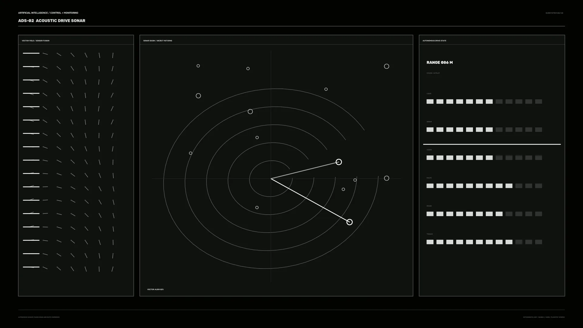 Monochrome sonar control interface with radar arcs — sonar wallpaper at 3840x2160