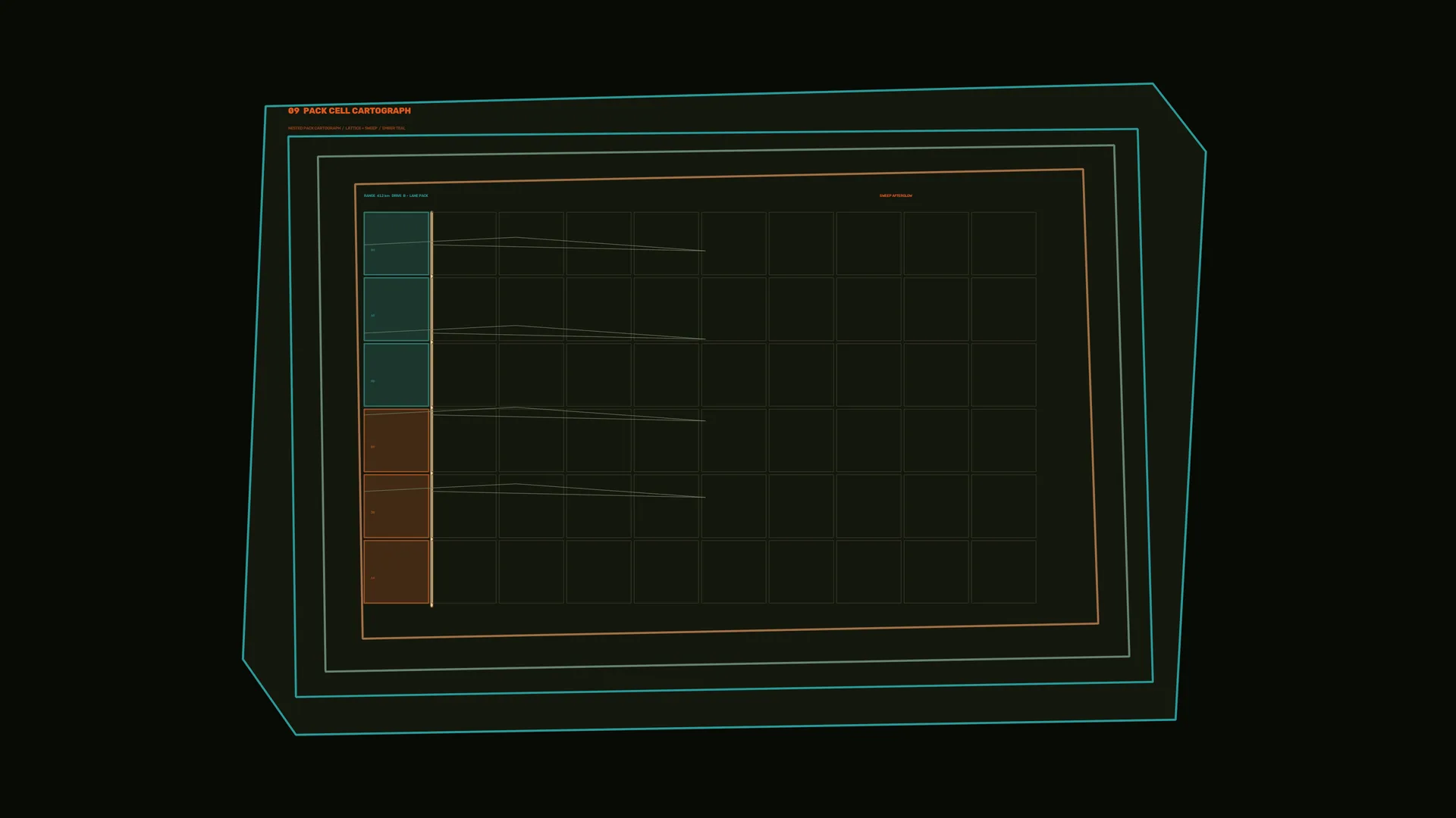 Geometric cell map in teal and amber lines — geometric grid wallpaper at 3840x2160