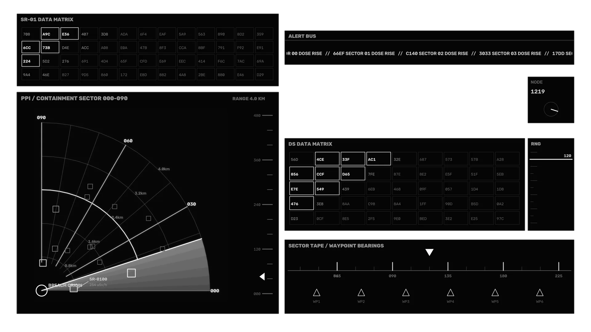 Monochrome radar console with sector geometry — technical interface wallpaper at 3840x2160