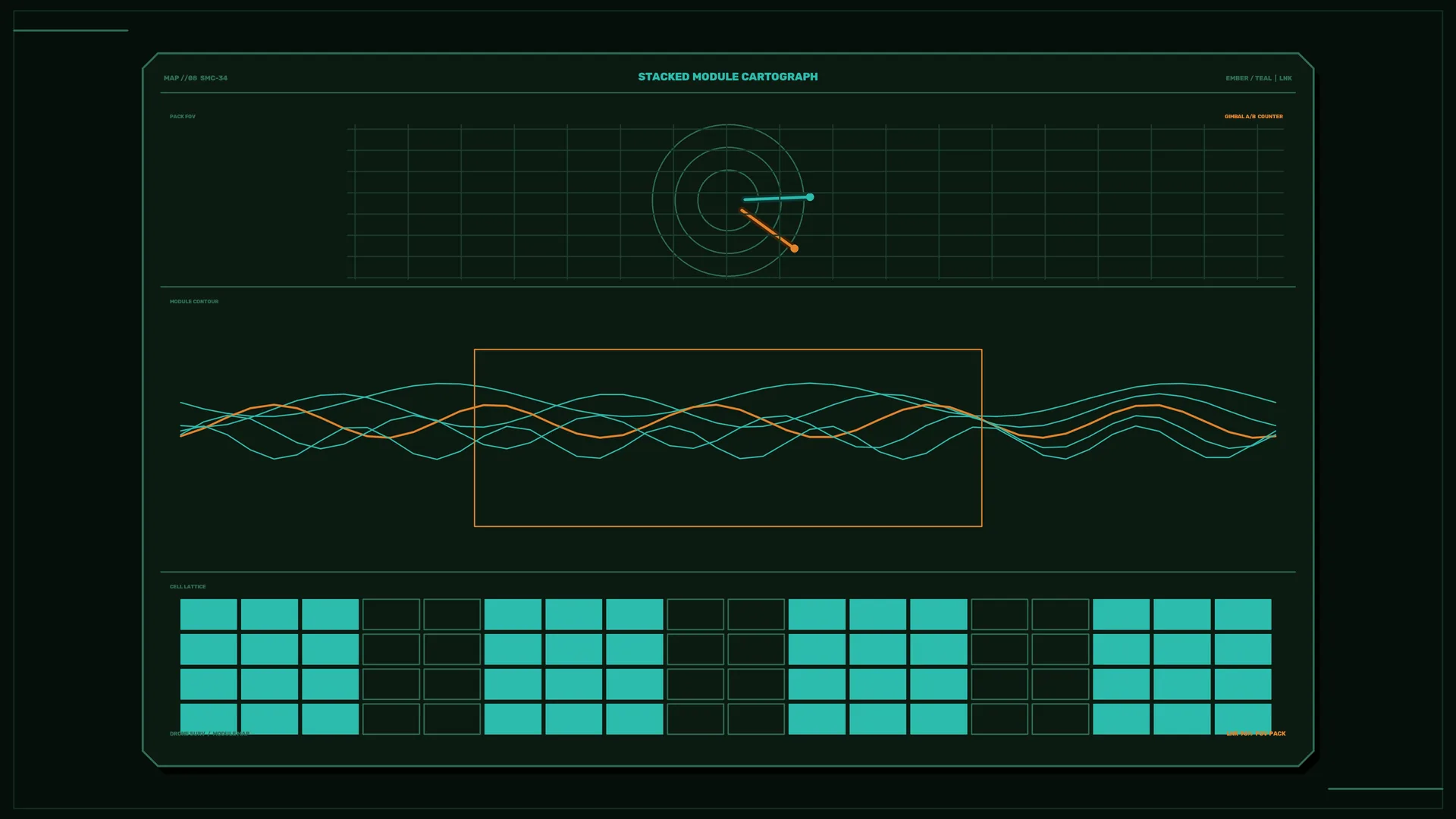 Teal and amber cartographic module grid — technical diagram wallpaper at 3840x2160