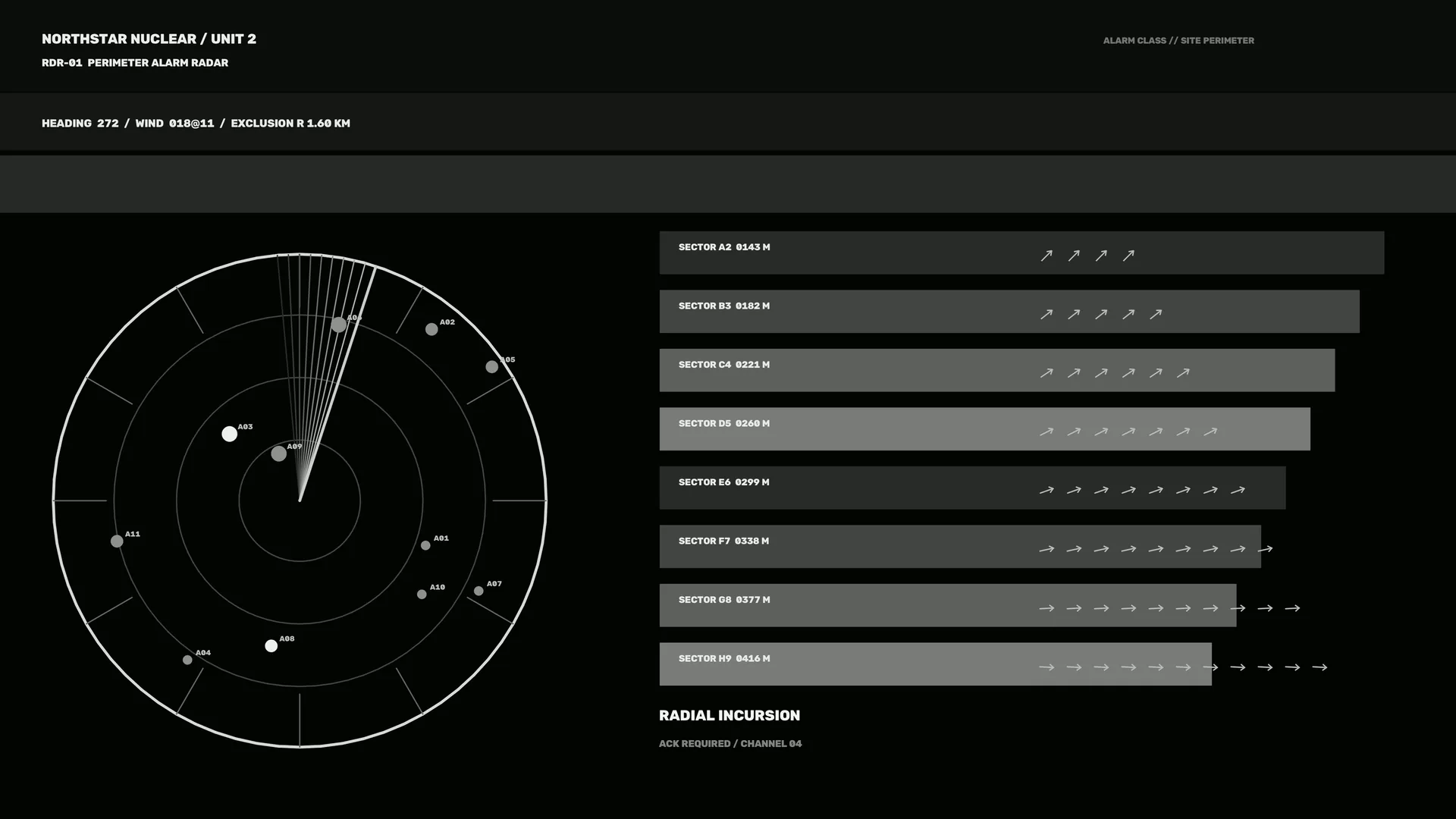 Monochrome radar grid with radial incursion — radar wallpaper at 3840x2160